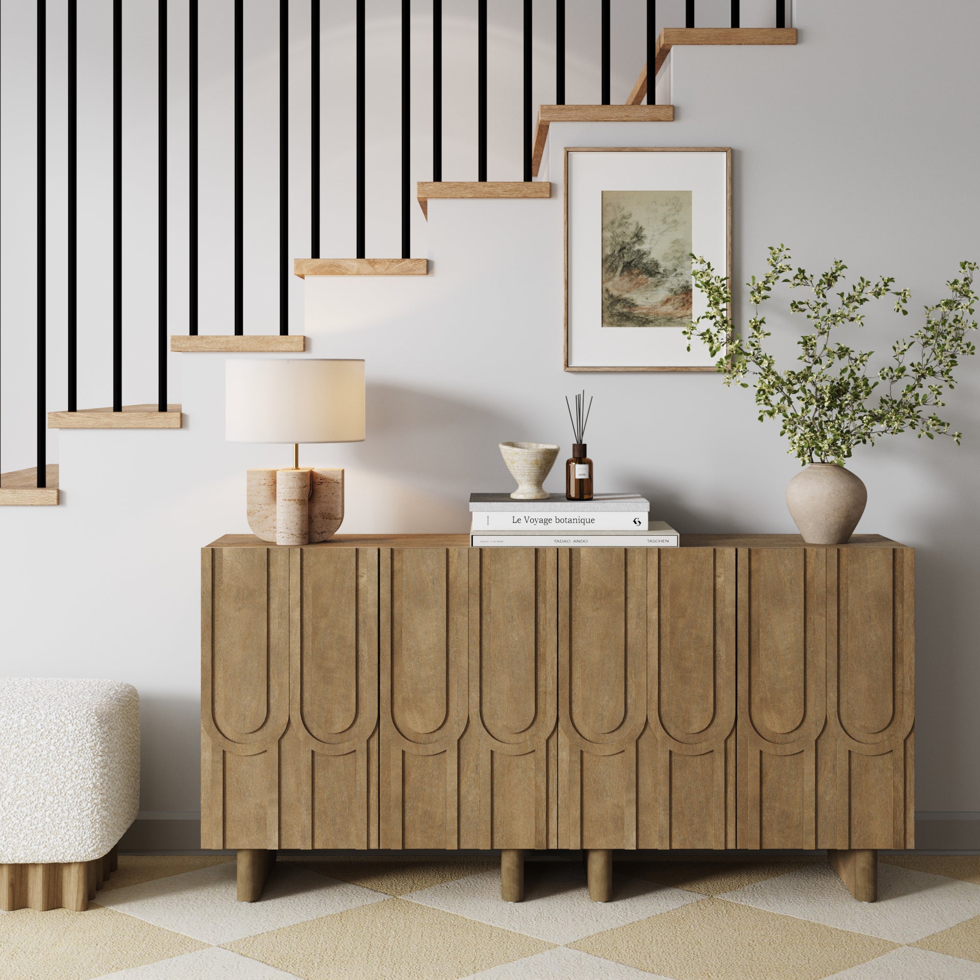 Mid Century Style Credenza with Geometric Carved Doors Light Brown - Nathan James