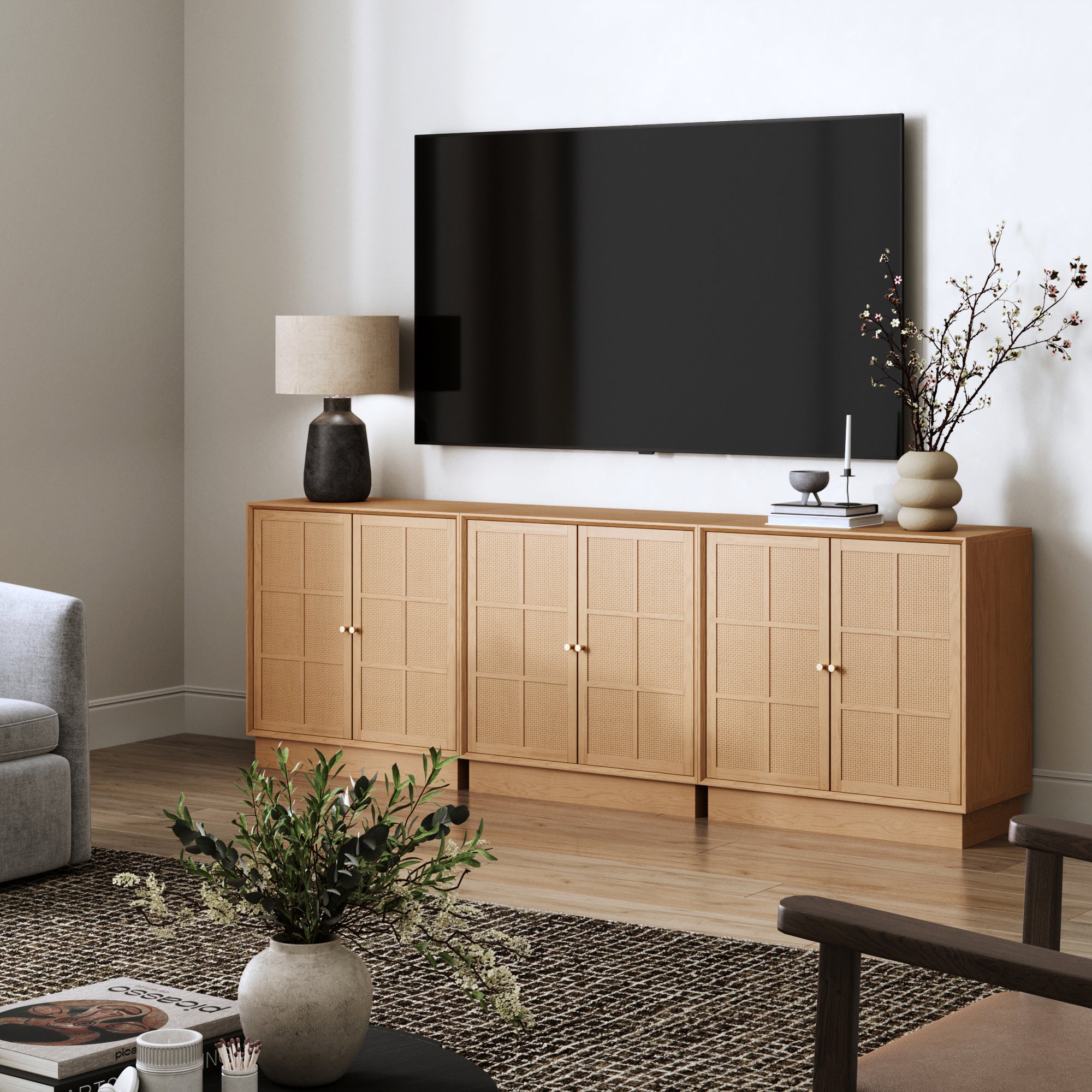 Modern Coastal Rattan Wood Sideboard Storage Cabinet Raw Oak (Set of 3) - Nathan James