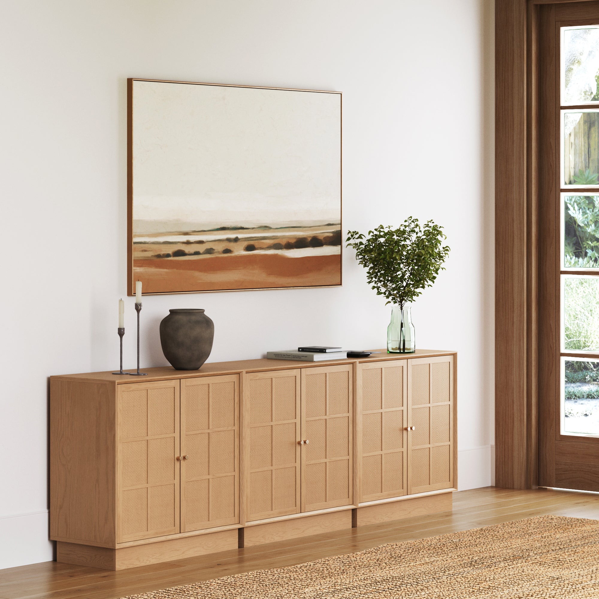 Modern Coastal Rattan Wood Sideboard Storage Cabinet Raw Oak (Set of 3) - Nathan James