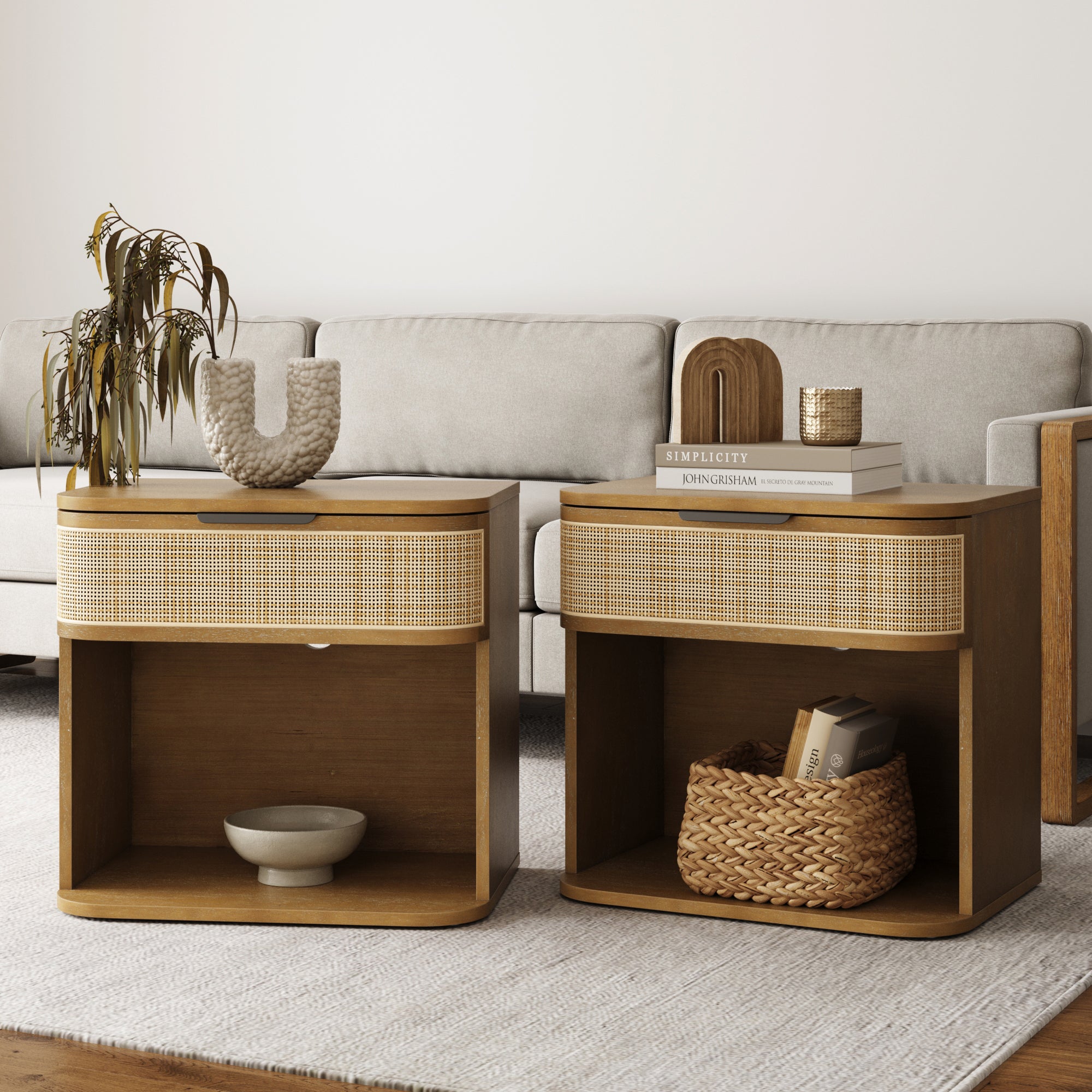 Curved Rattan Nightstand Set with Drawer Light Brown - Nathan James