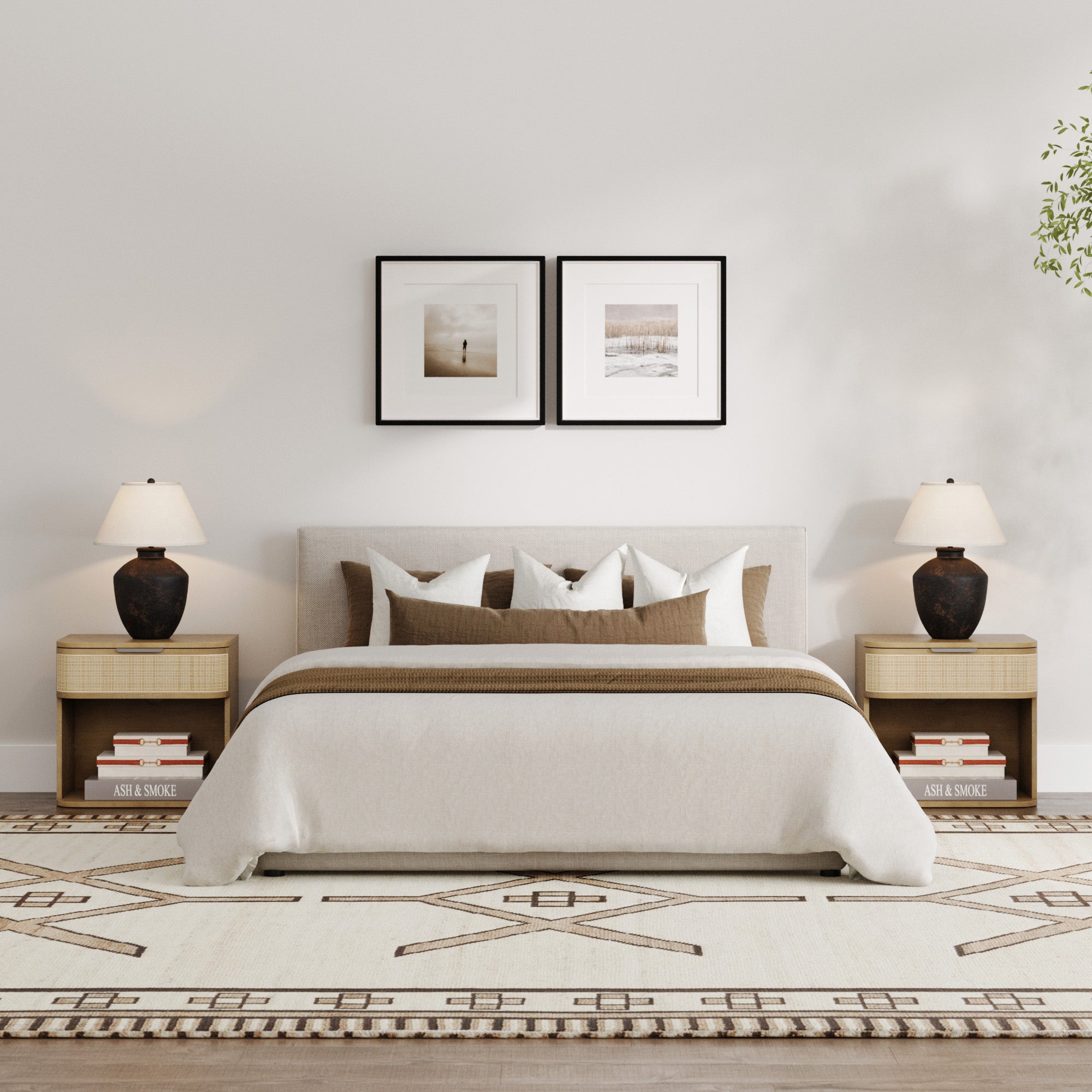 Curved Rattan Nightstand Set with Drawer Light Brown - Nathan James
