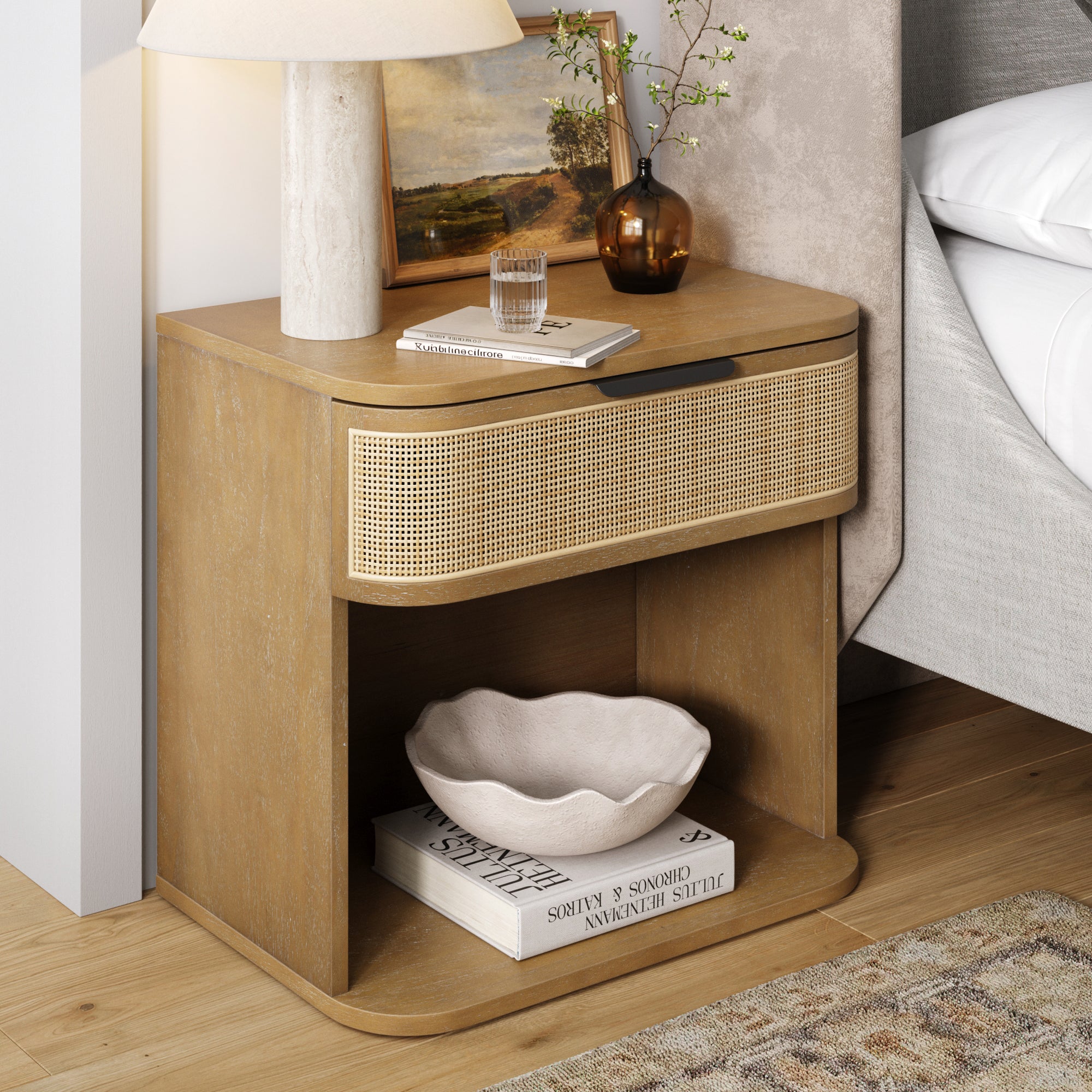 Curved Rattan Nightstand with 1 Drawer Light Brown - Nathan James