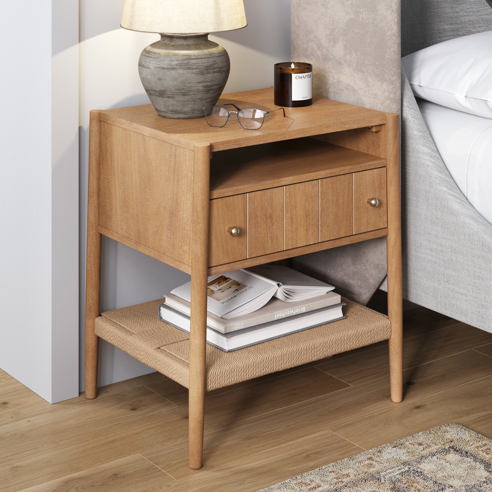 Wood Nightstand with Drawer & Seagrass Storage Light Brown - Nathan James