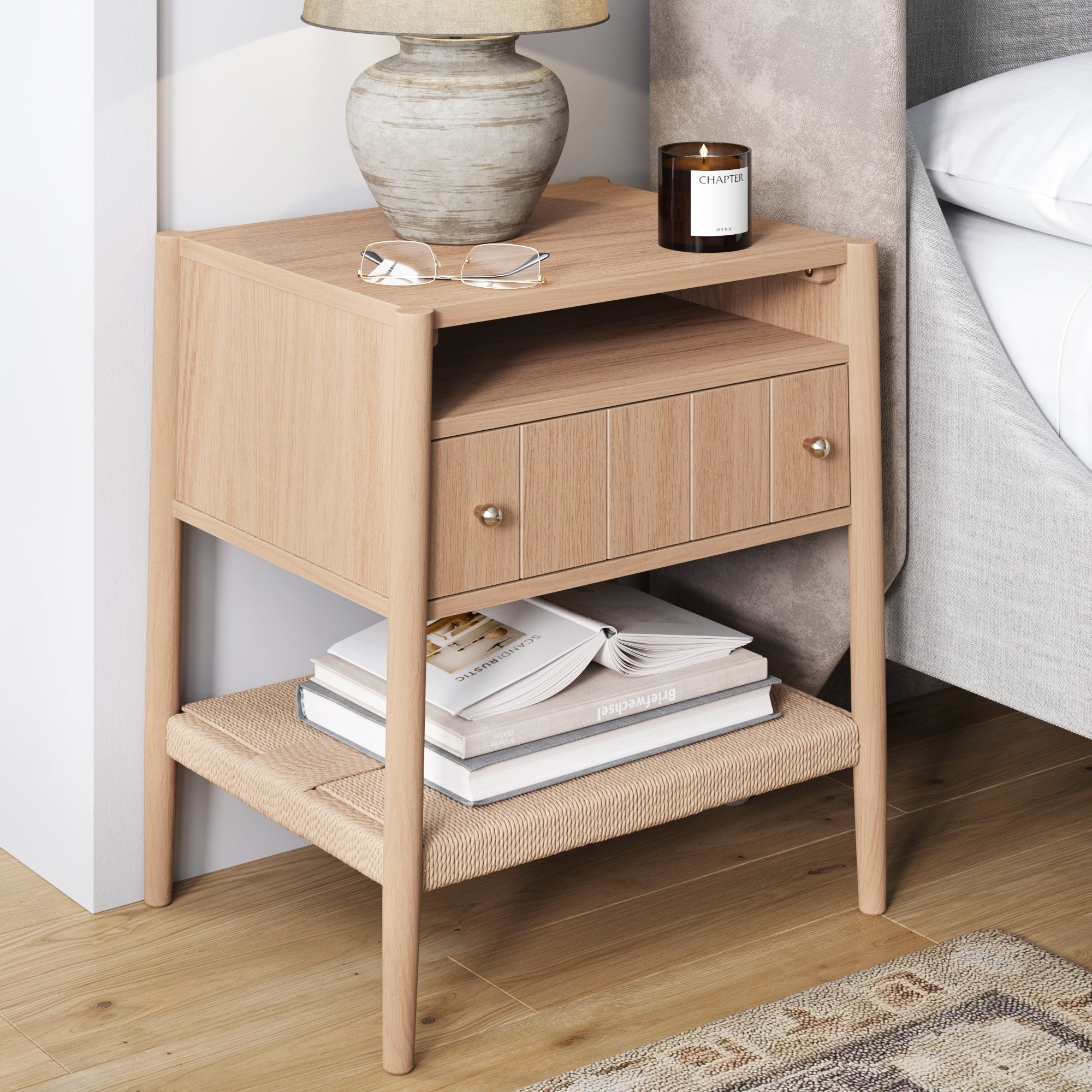 Wood Nightstand with Drawer & Seagrass Storage Raw Oak - Nathan James
