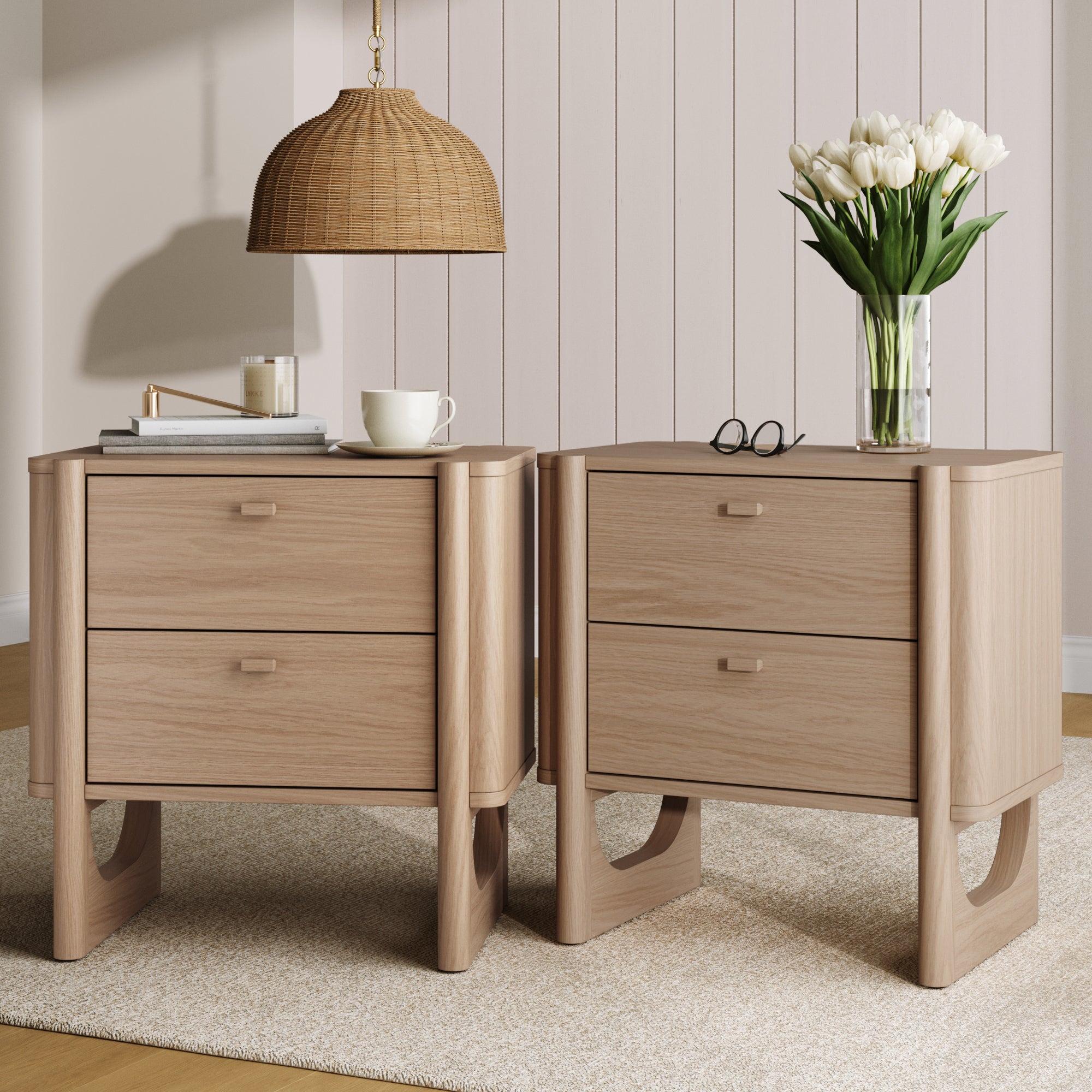 Mid Century Modern 2 - Drawer Solid Wood Nightstand Raw Oak (Set of 2) - Nathan James