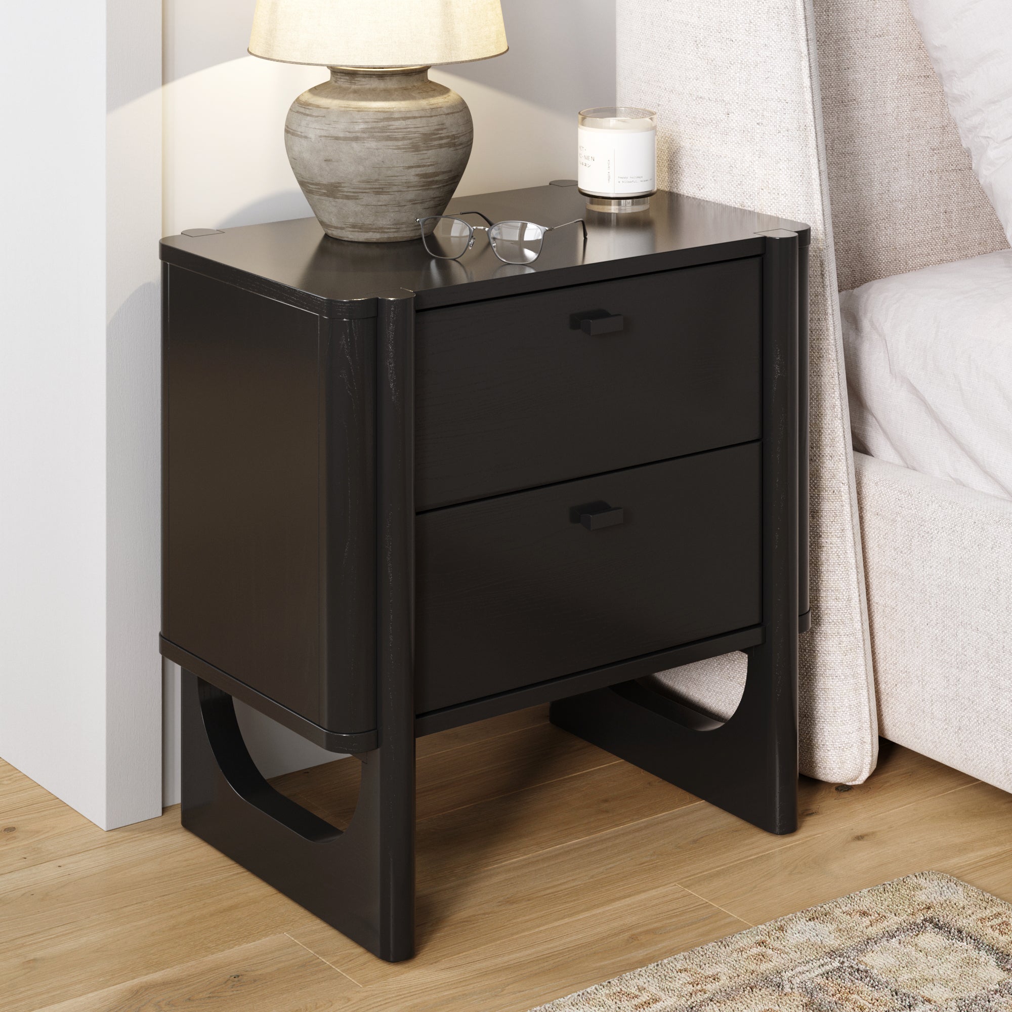 Mid Century Modern 2 - Drawer Solid Wood Nightstand Black - Nathan James