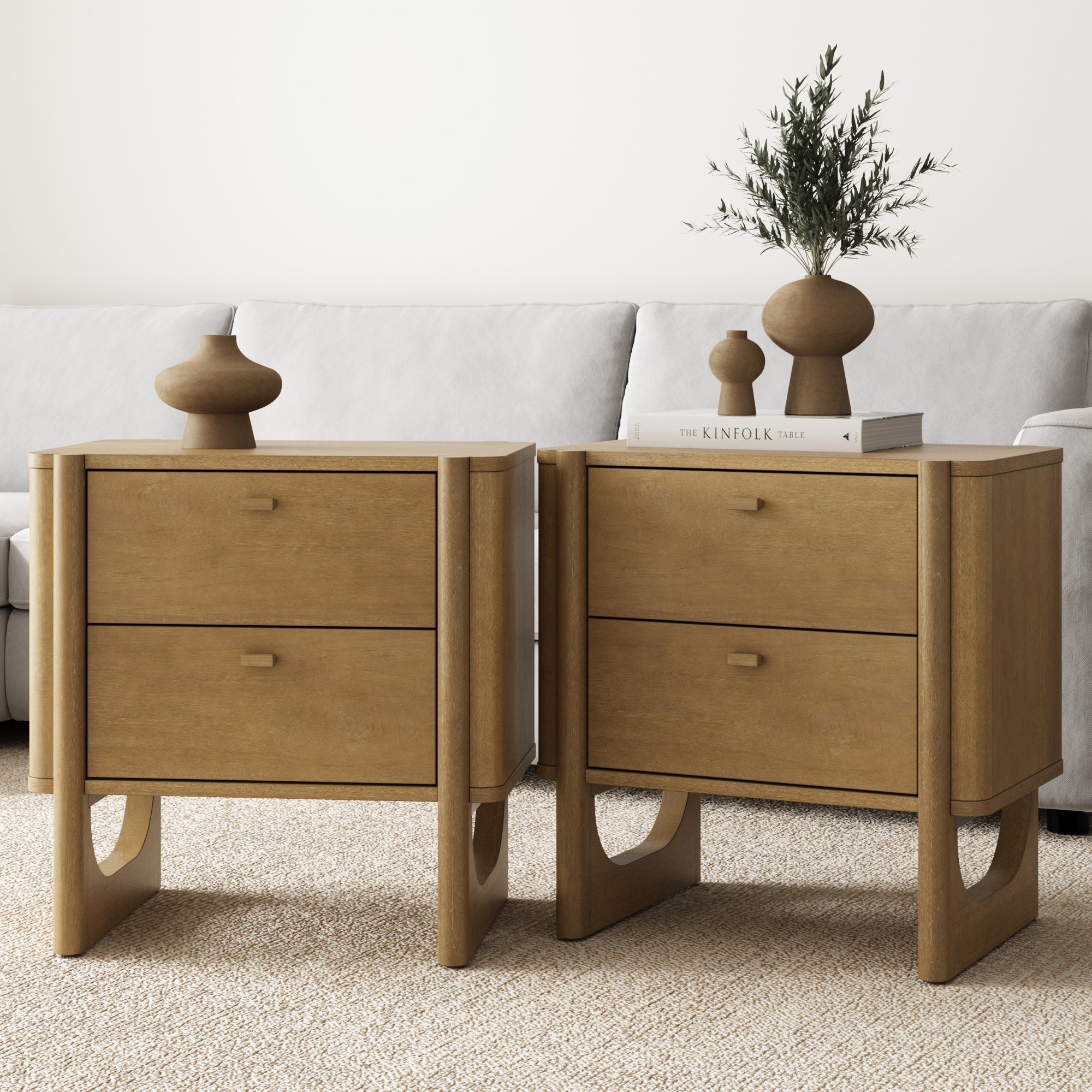 Mid Century Modern 2 - Drawer Solid Wood Nightstand Light Brown (Set of 2) - Nathan James