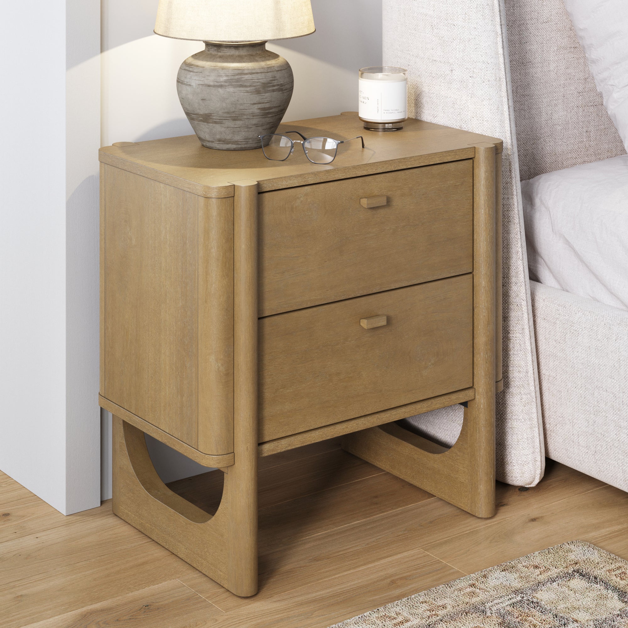 Mid Century Modern 2 - Drawer Solid Wood Nightstand Light Brown - Nathan James