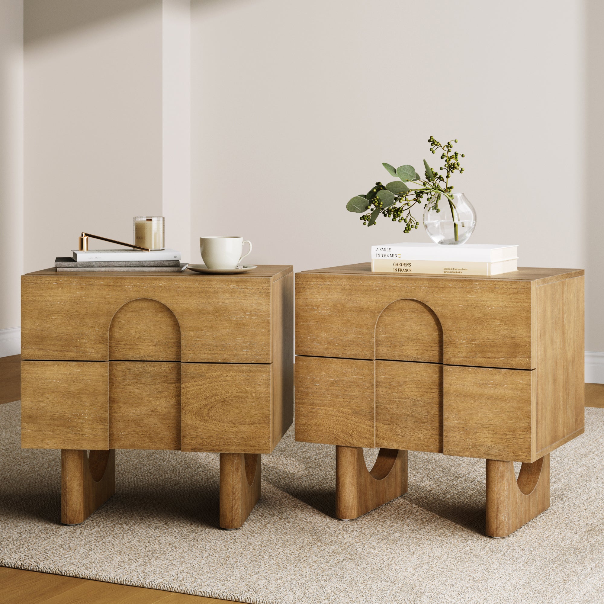 Wooden Bedside Table with Drawers Light Brown Set of 2 - Nathan James