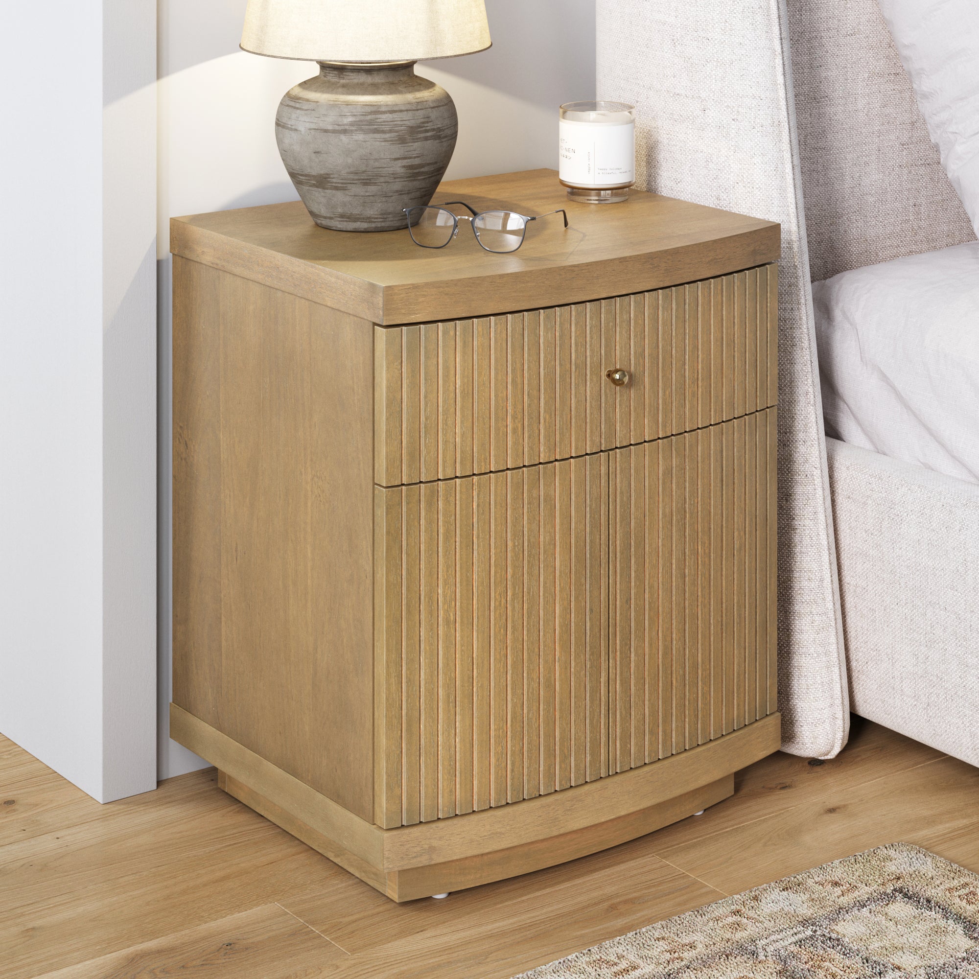 Fluted Nightstand with Drawer and Cabinet Storage Light Brown - Nathan James