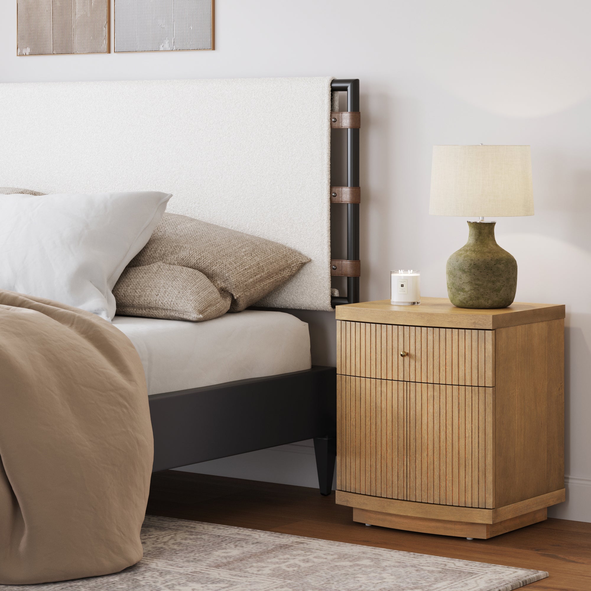Fluted Nightstand with Drawer and Cabinet Storage Light Brown - Nathan James
