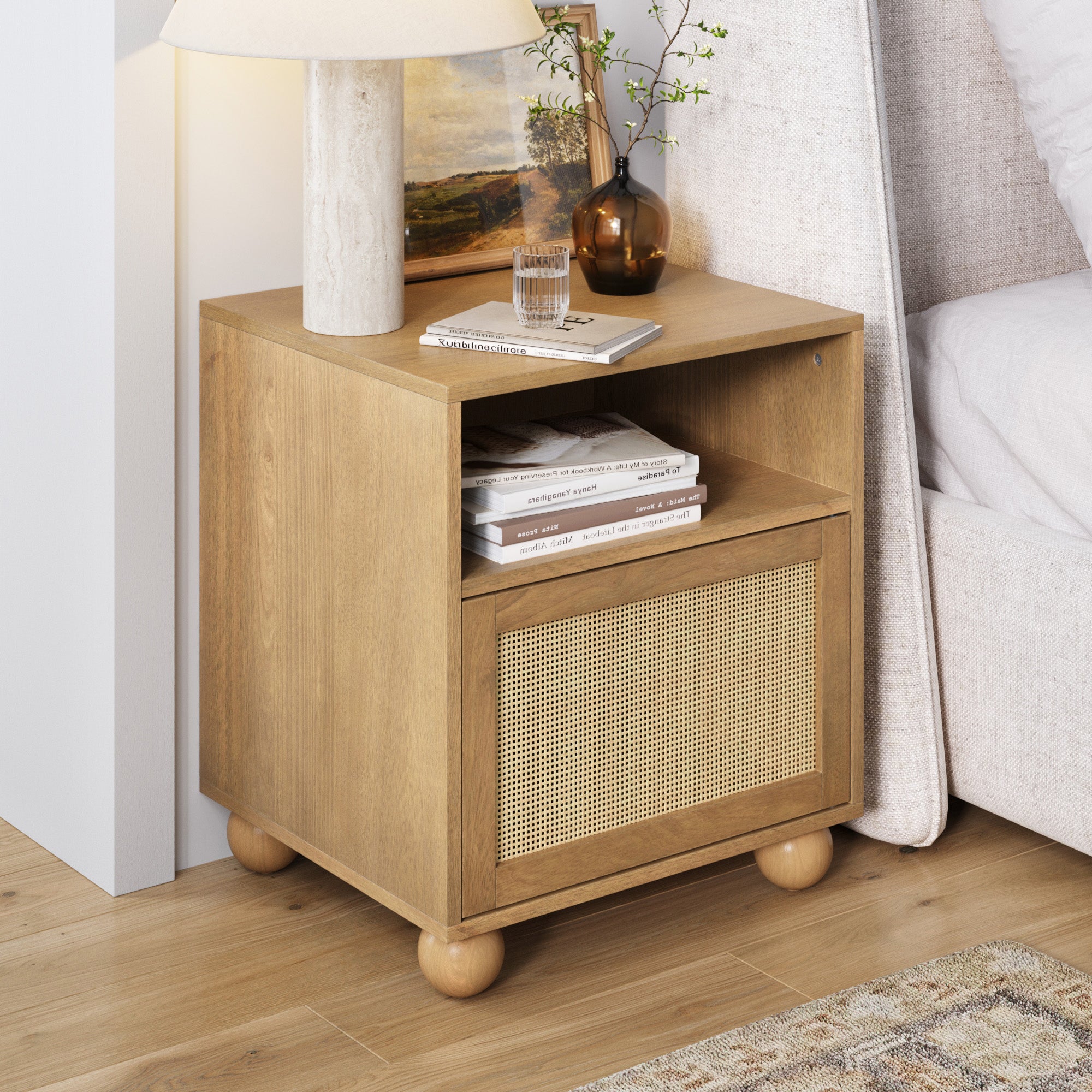 Coastal Rattan & Wood Nightstand with Storage - Nathan James