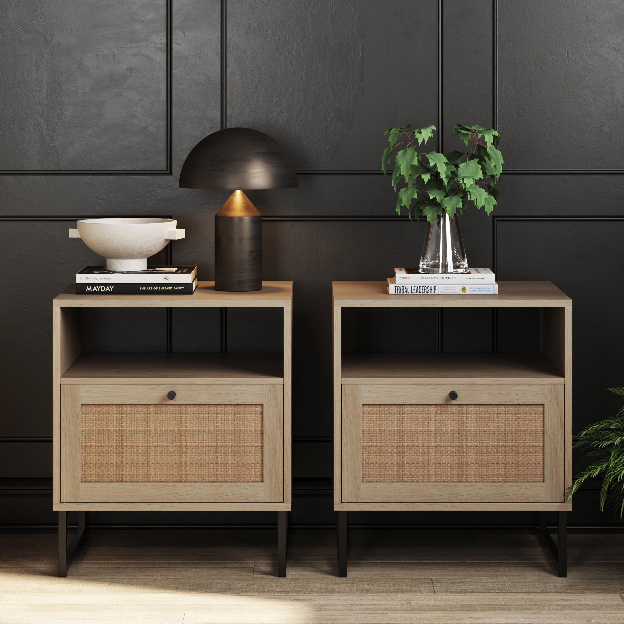 Rattan & Wood Storage Nightstands Oak (Set of 2) - Nathan James