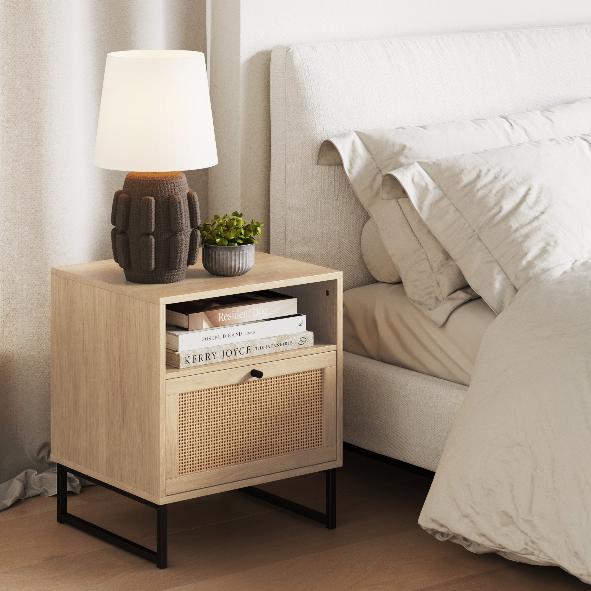 Rattan & Wood Storage Nightstand Light Oak - Nathan James
