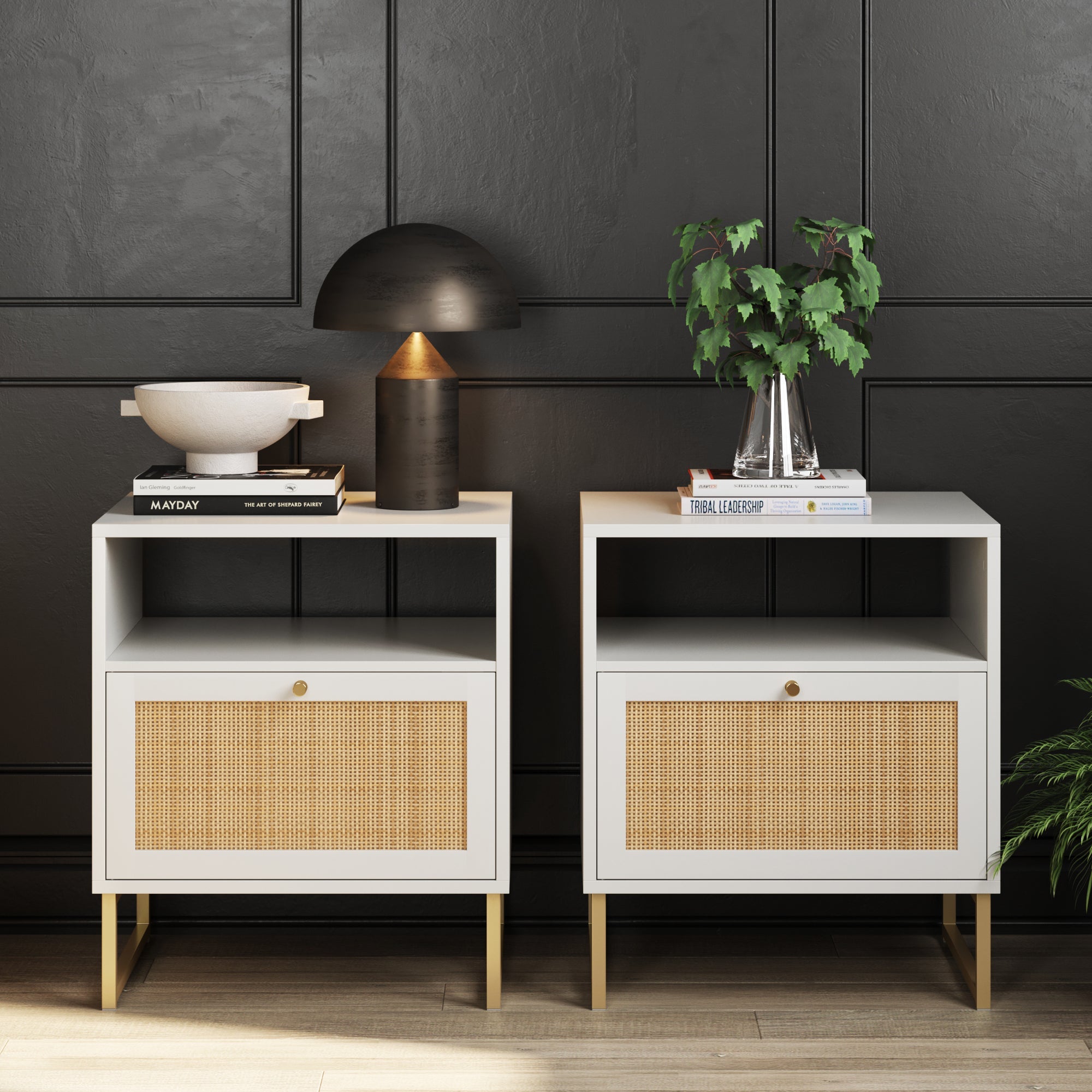 Rattan & Wood Nightstands White (Set of 2) - Nathan James