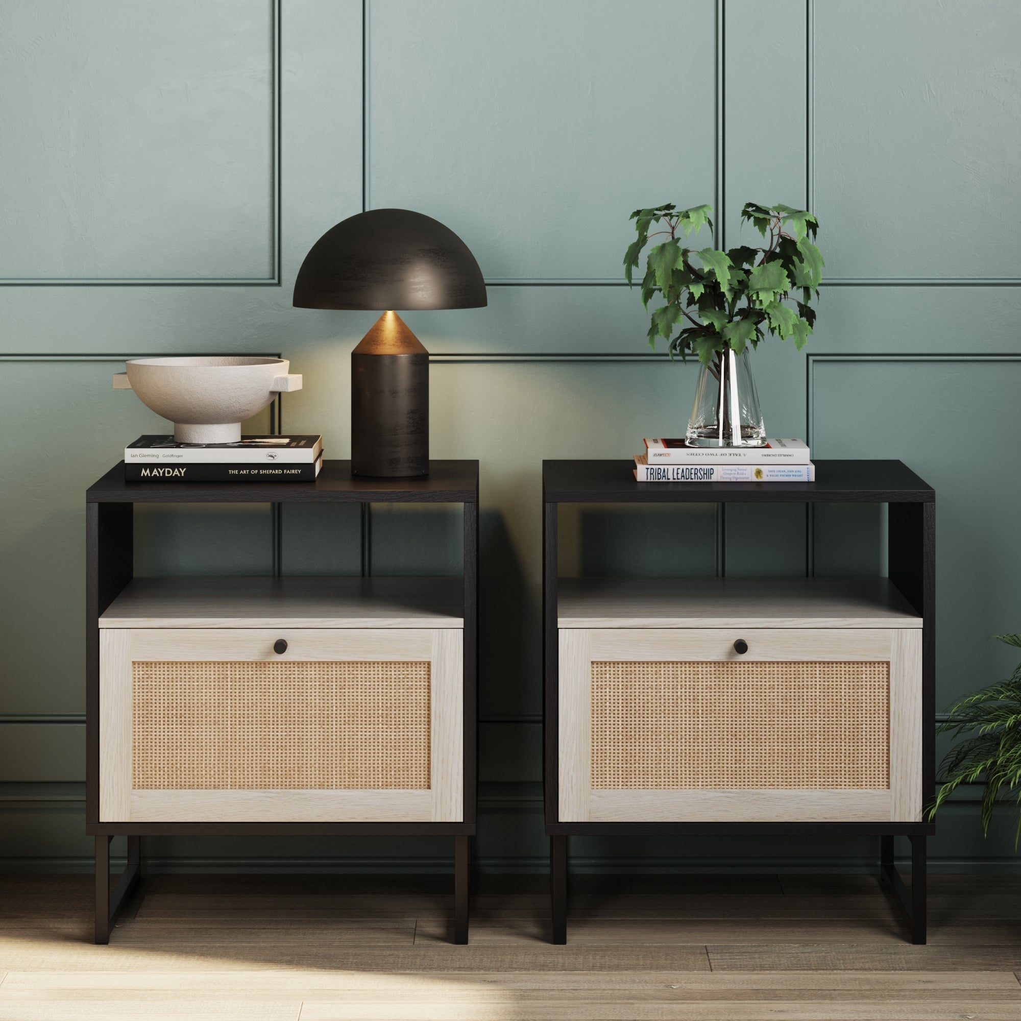 Rattan & Wood Nightstands Black (Set of 2) - Nathan James