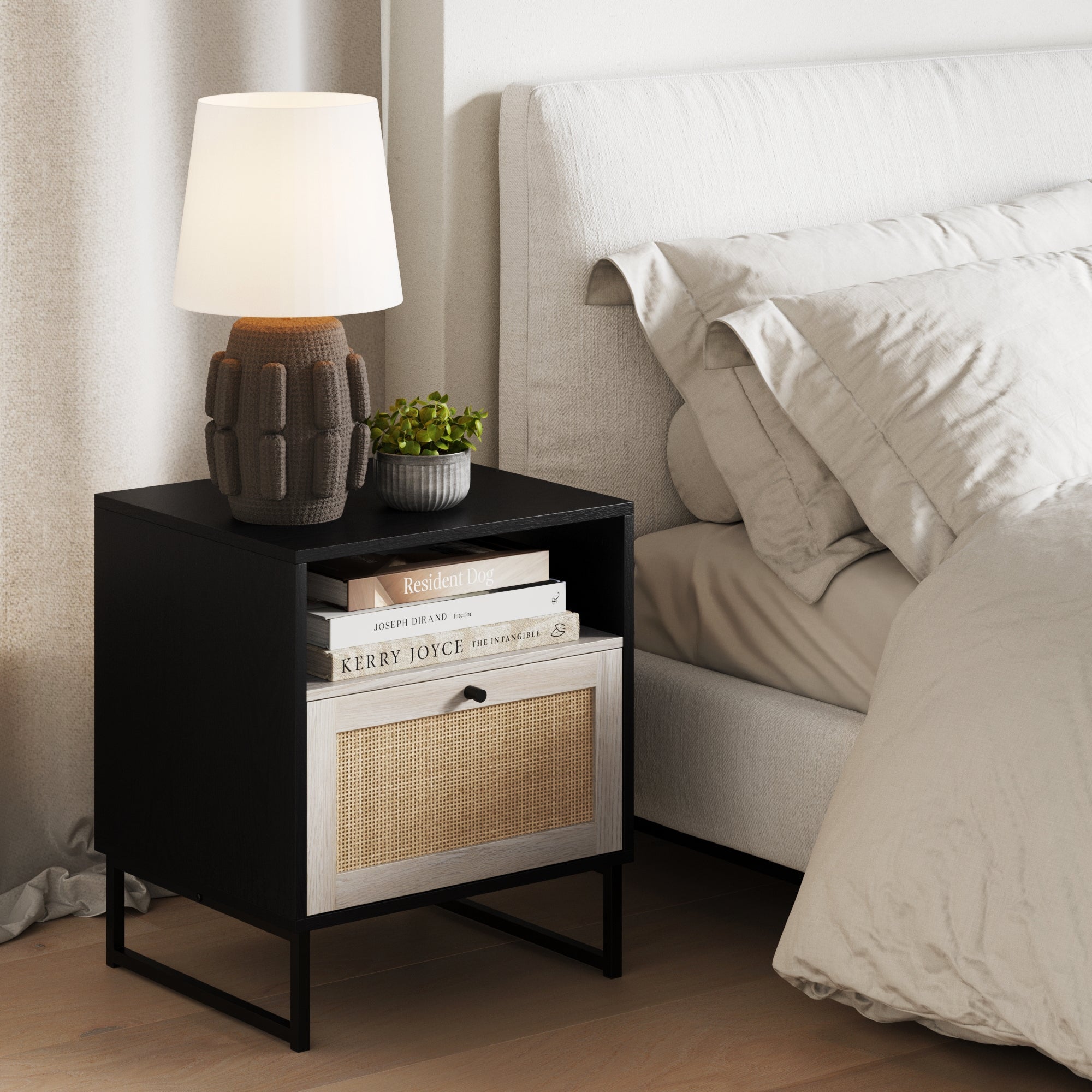 Rattan & Wood Storage Nightstand Black - Nathan James