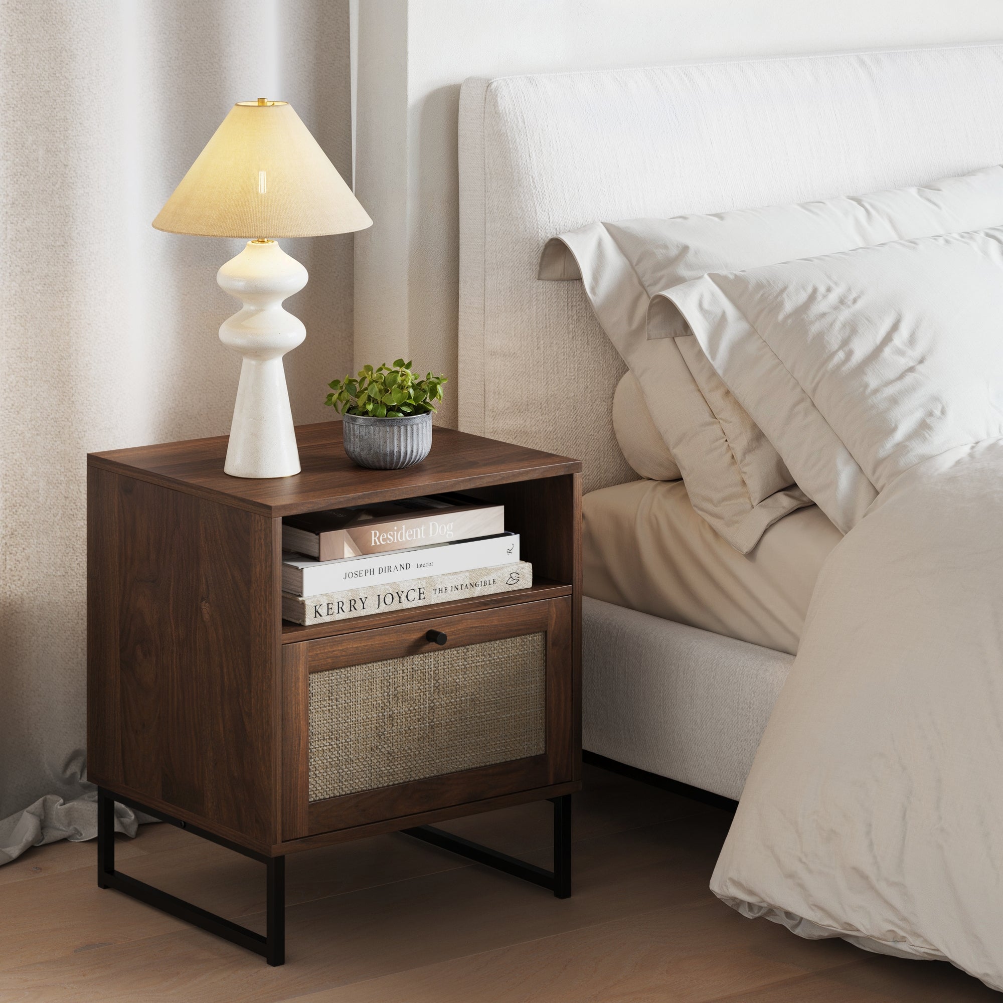 Rattan & Wood Storage Nightstand Walnut - Nathan James