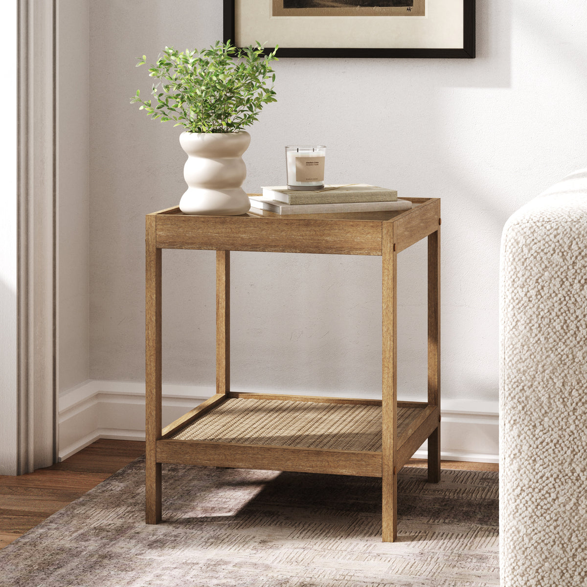 Solid Wood, Rattan & Glass Top End Table - Nathan James