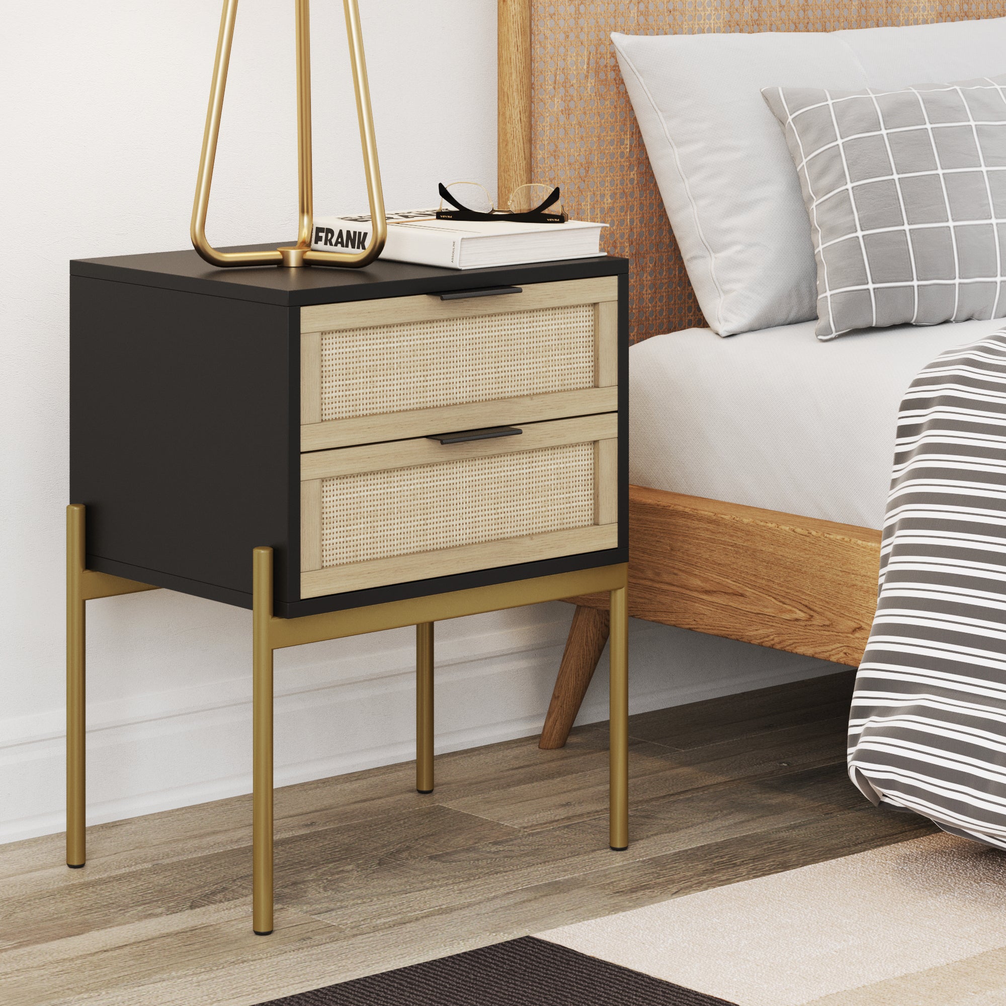 Wood & Rattan 2 - Drawer Nightstand Black - Nathan James