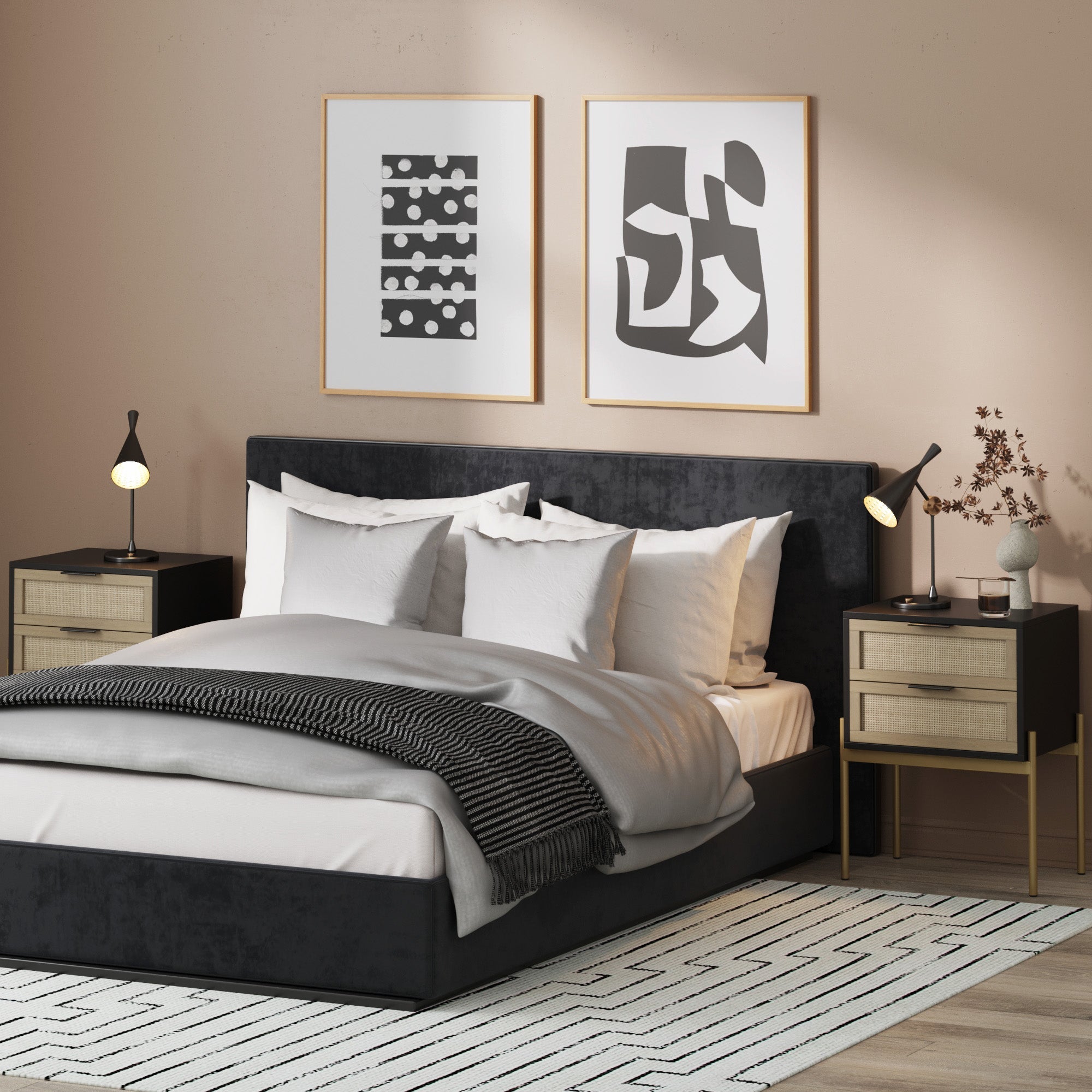 Wood & Rattan Nightstands Black (Set of 2) - Nathan James