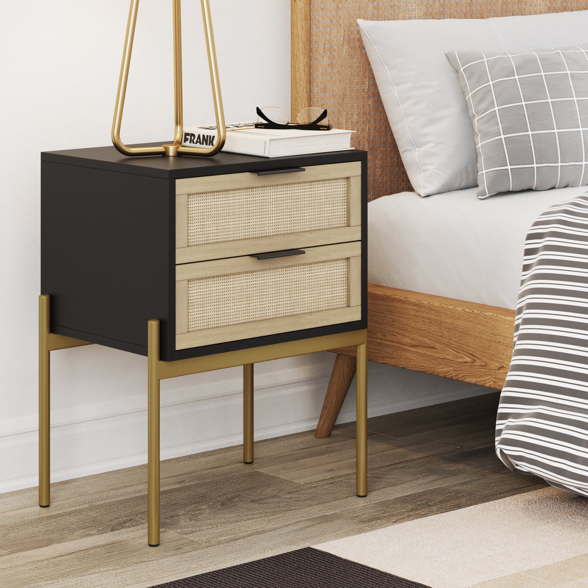 Wood & Rattan 2-Drawer Nightstand Black - Nathan James