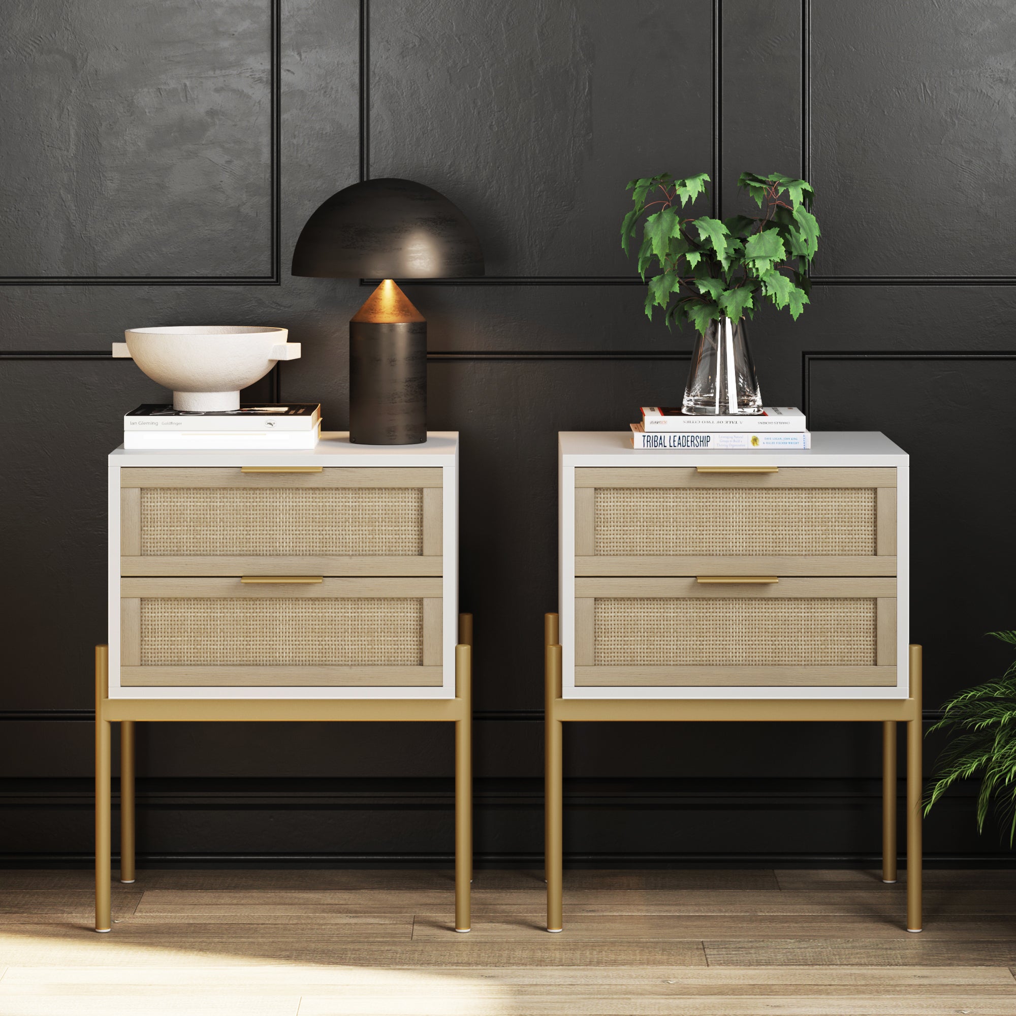 Wood & Rattan Nightstands White (Set of 2) - Nathan James