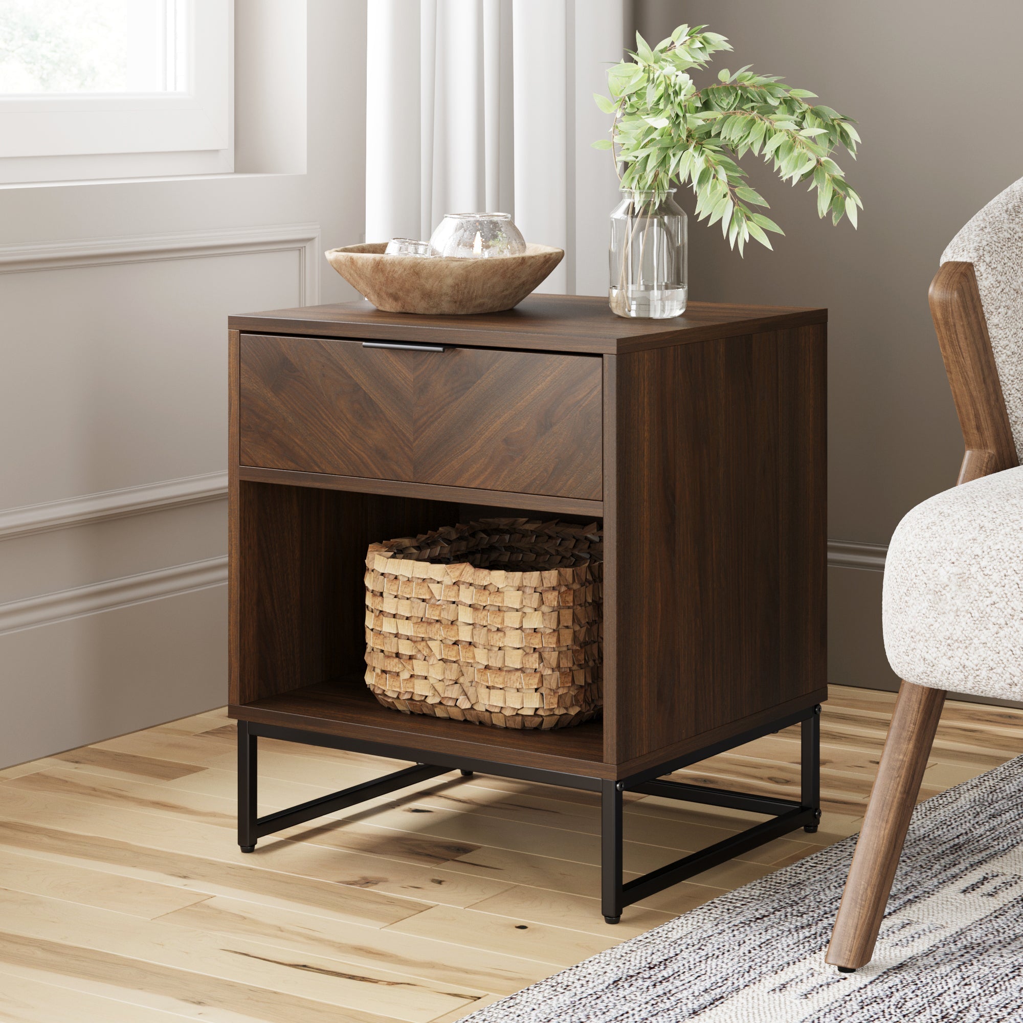 Wood Cabinet Herringbone Nightstand Walnut - Nathan James