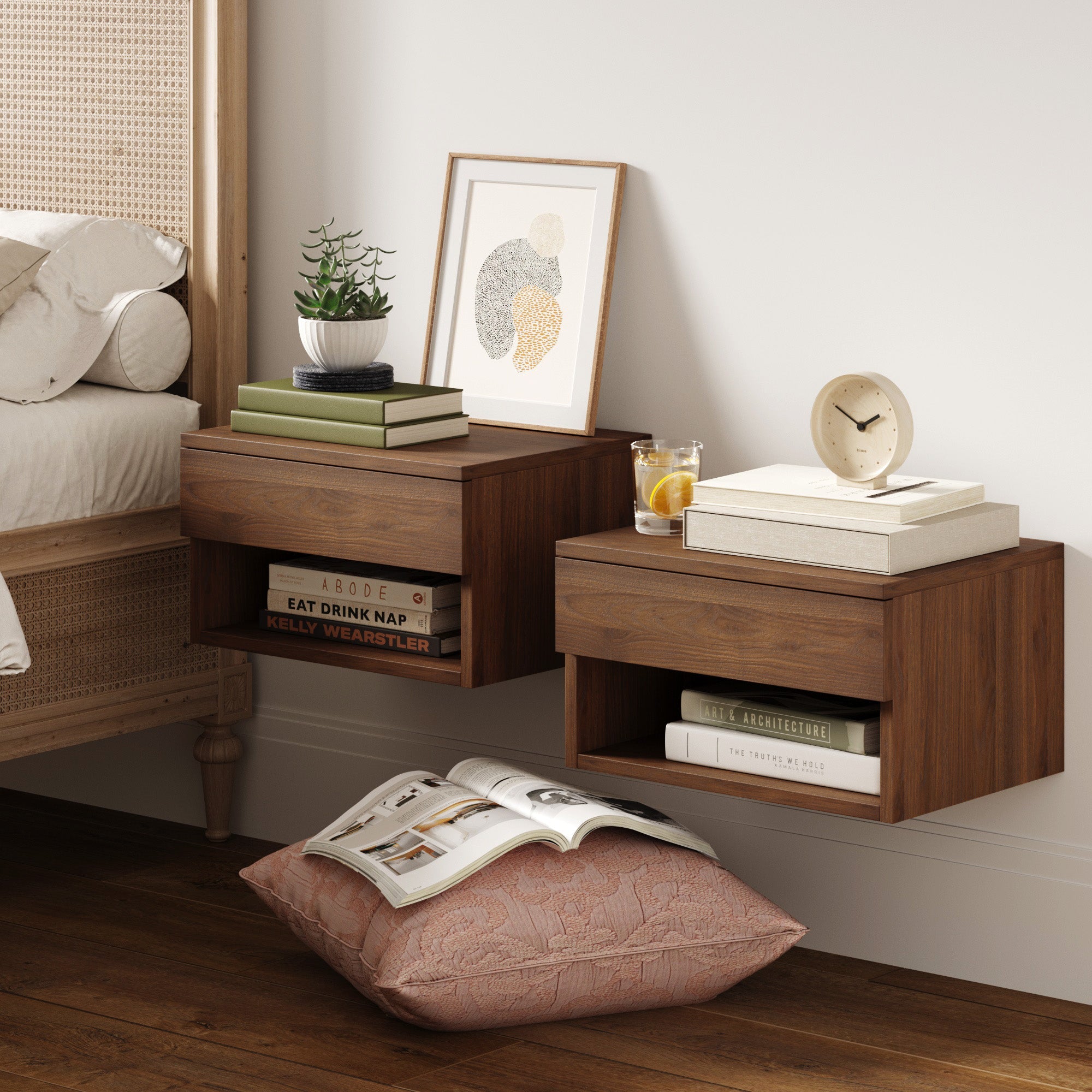 Mid - Century Floating Nightstands Walnut (Set of 2) - Nathan James