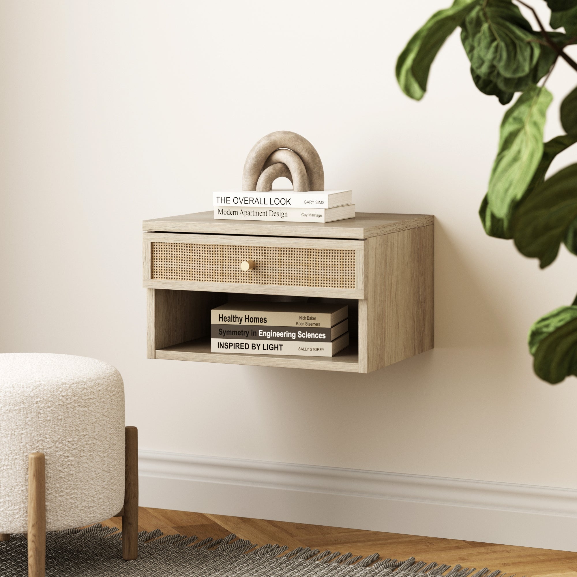 Rattan & Wood Floating Nightstand Light Oak - Nathan James