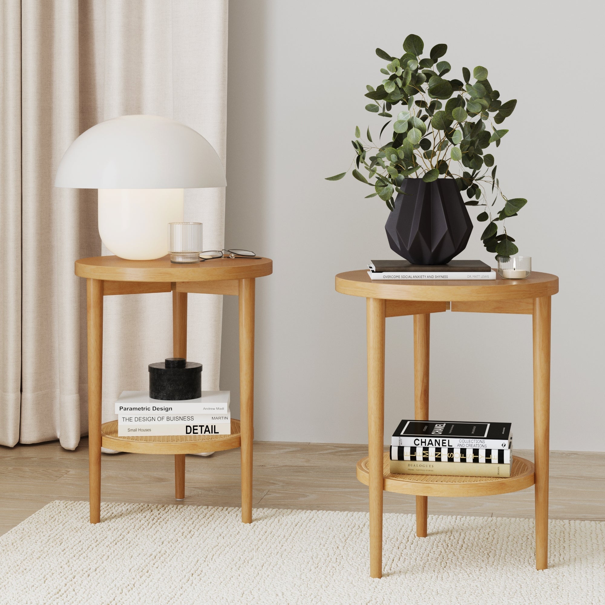 Wood & Rattan Round End Tables Warm Pine (Set of 2) - Nathan James