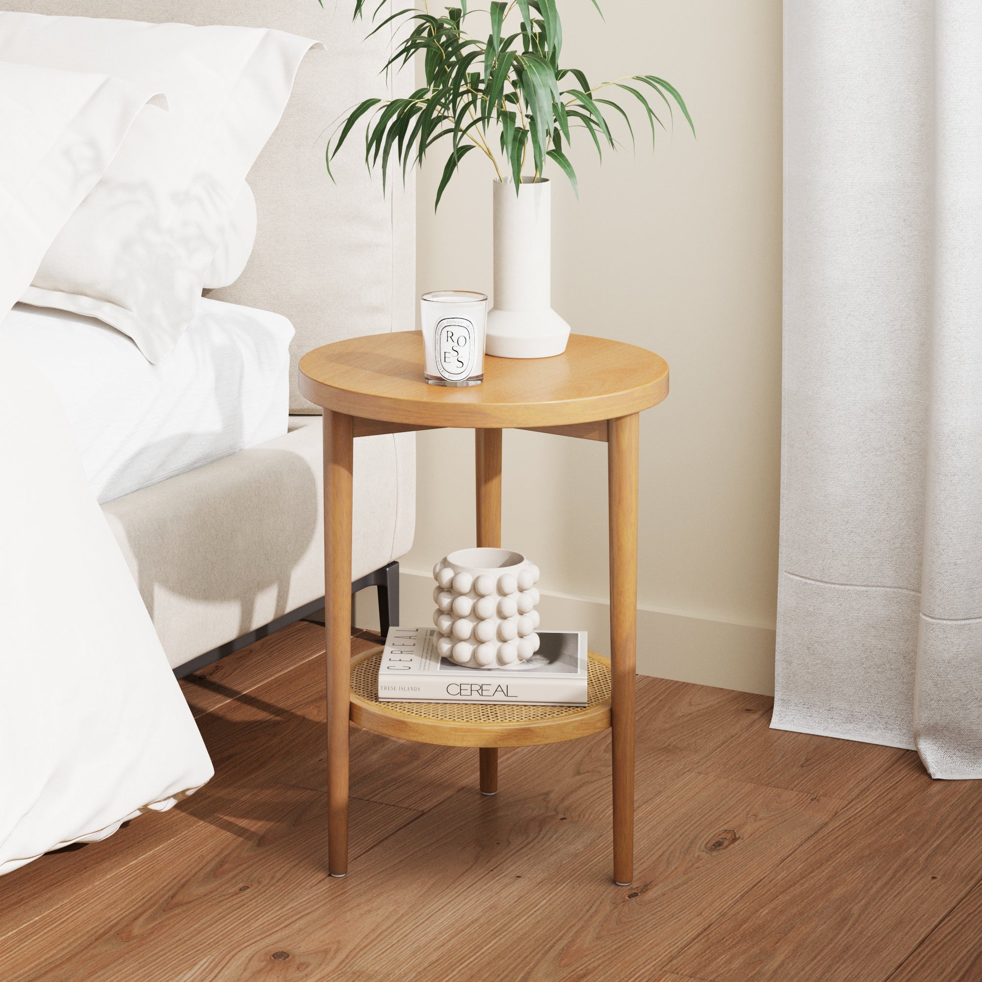 Wood & Rattan Round End Table Warm Pine - Nathan James