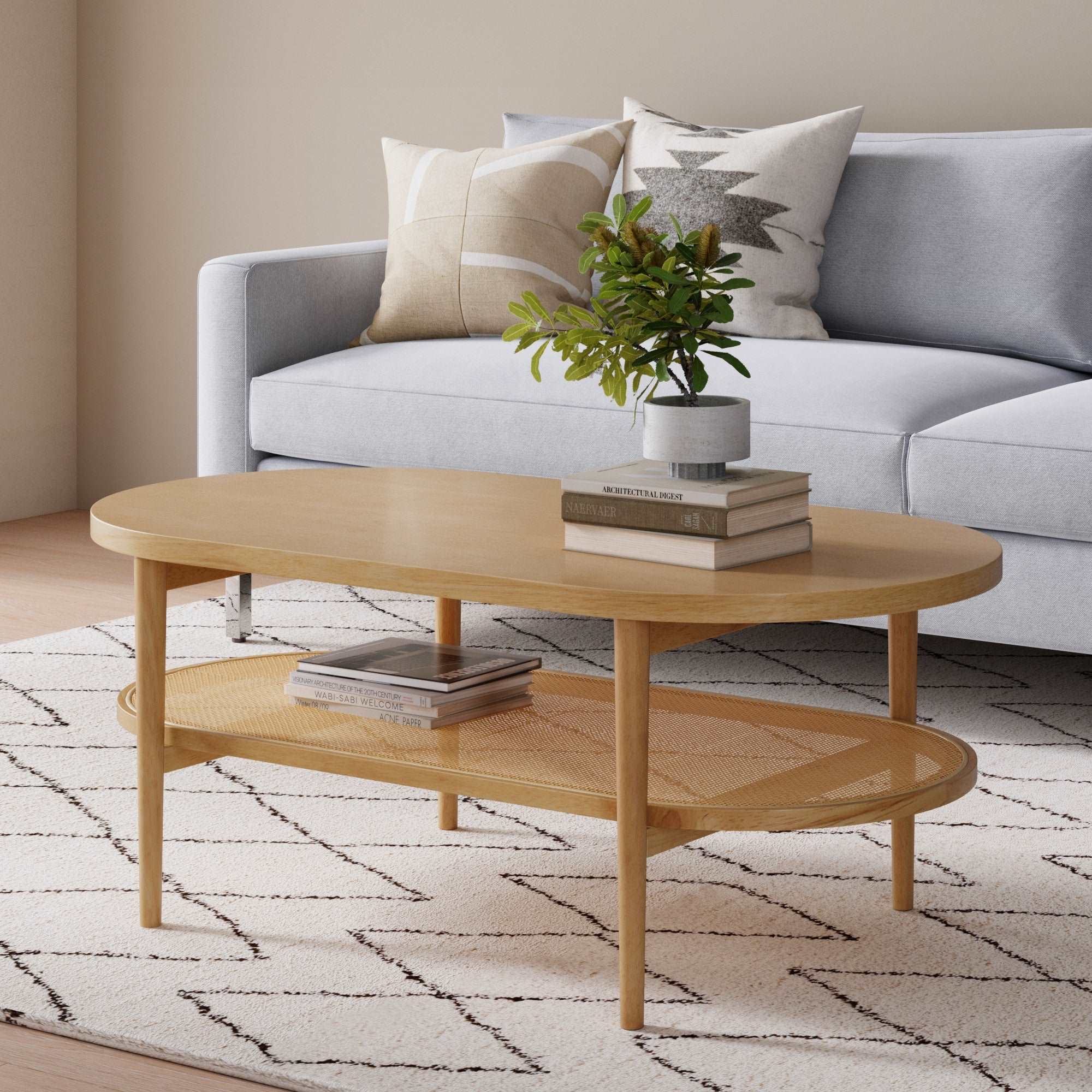 Wood & Rattan Oval Coffee Table Warm Pine - Nathan James