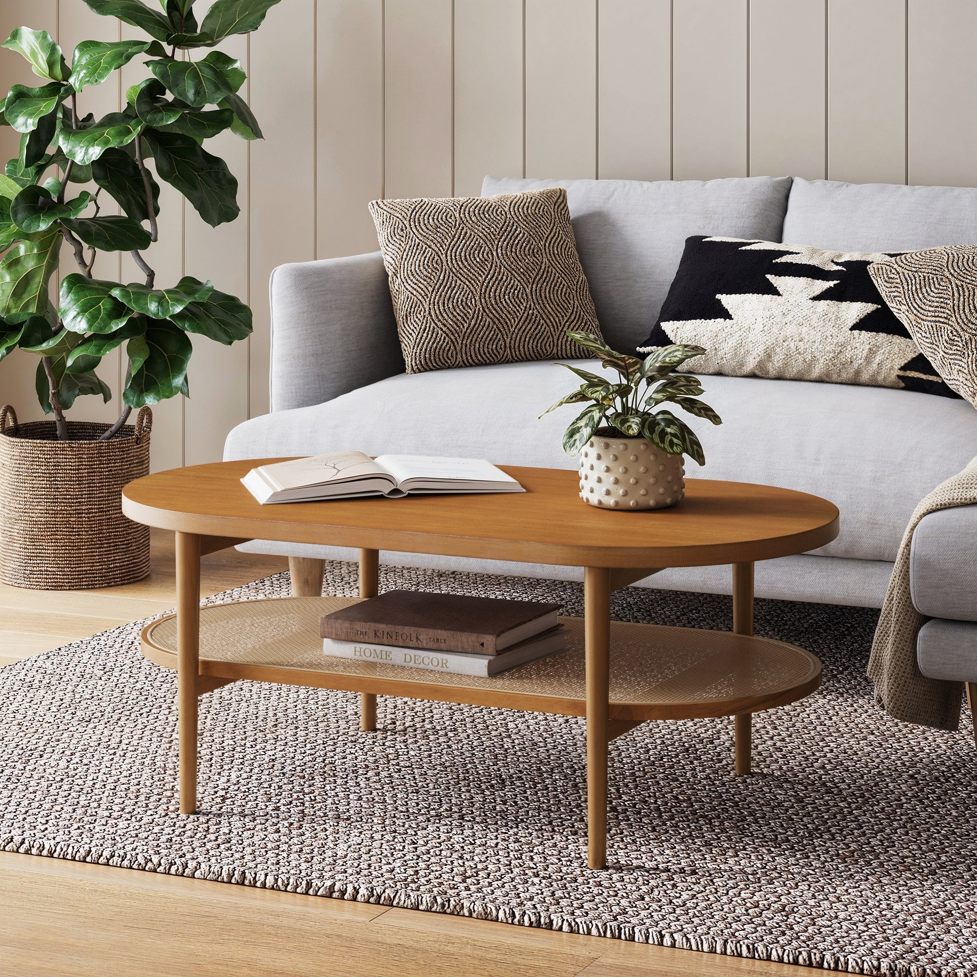 Wood & Rattan Oval Coffee Table Honey Brown - Nathan James