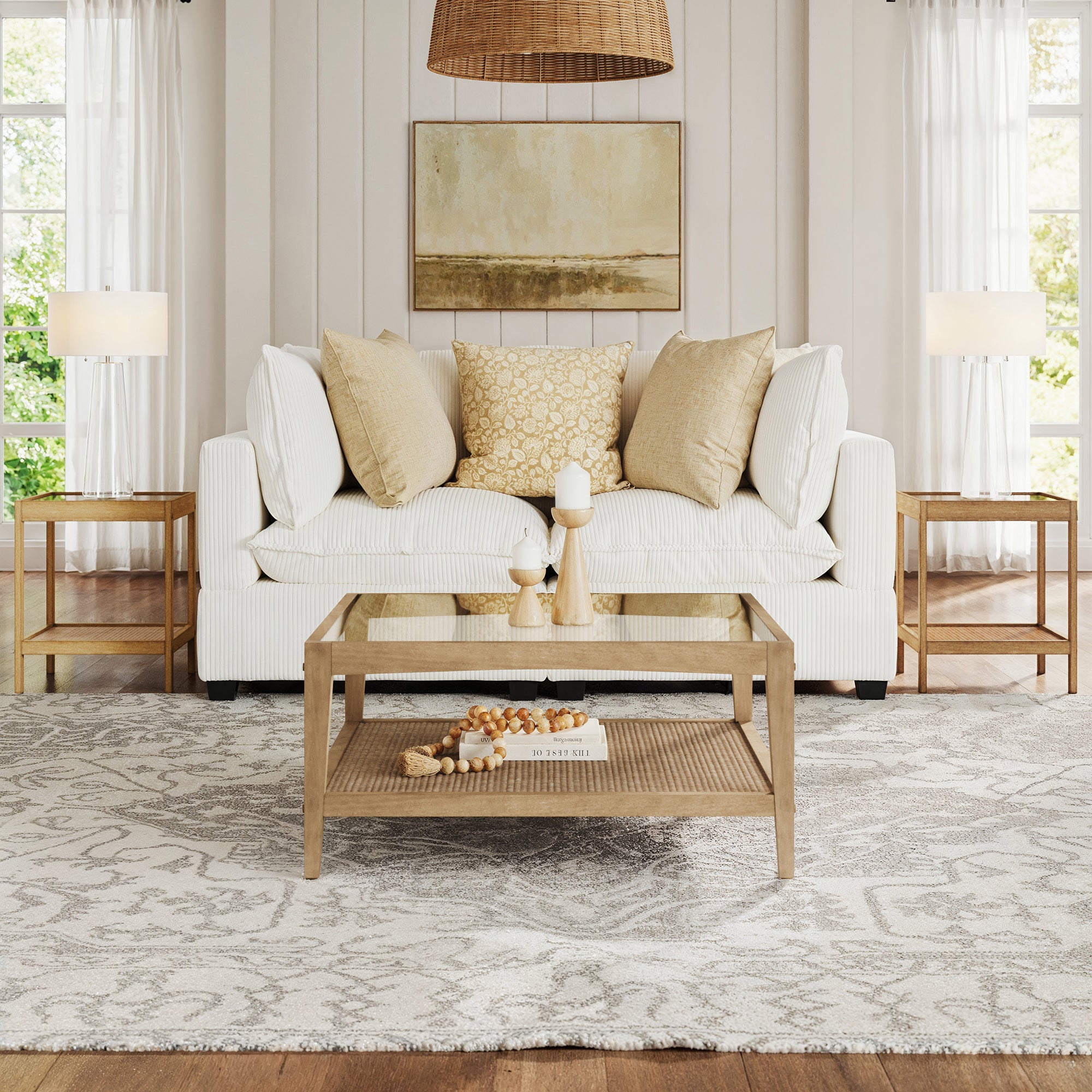 Glass 3 - Piece Coffee Table Living Room Set with Rattan Shelf - Nathan James