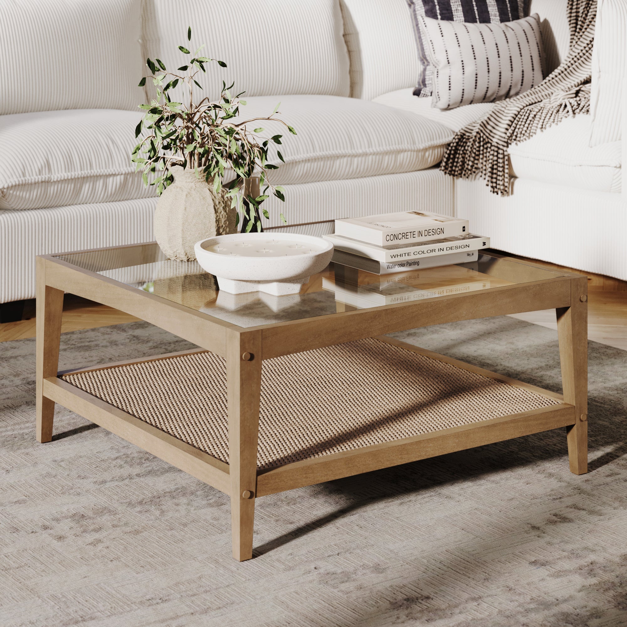 Square Glass & Rattan Coffee Table with Solid Wood Legs - Nathan James