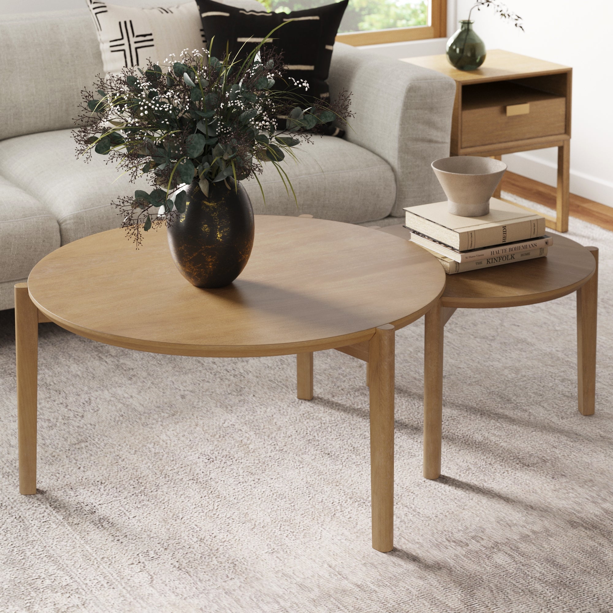 Mid - Century Round Nesting Coffee Table Set Light Brown - Nathan James