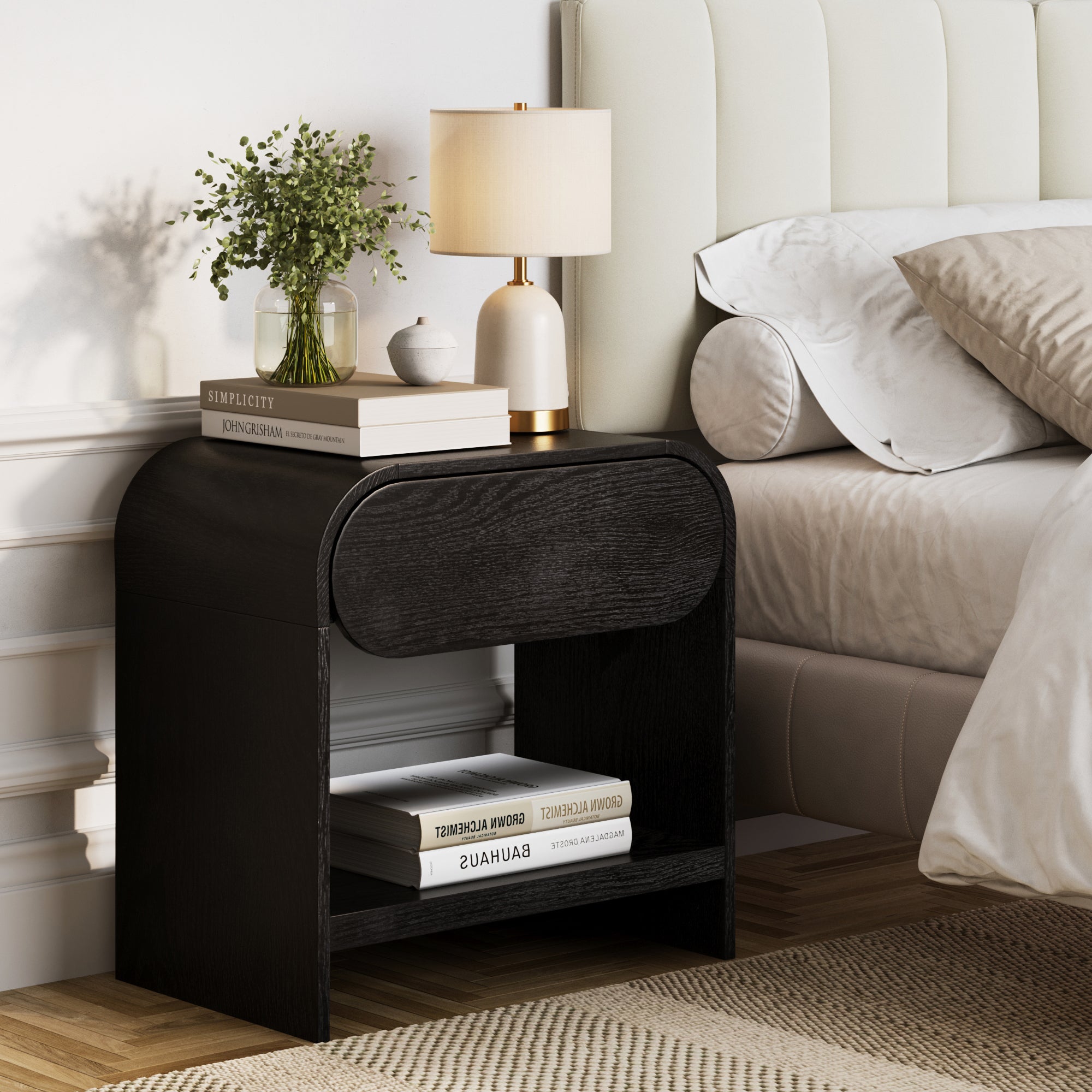 Mid - Century Wood Arched Nightstand Black Oak - Nathan James