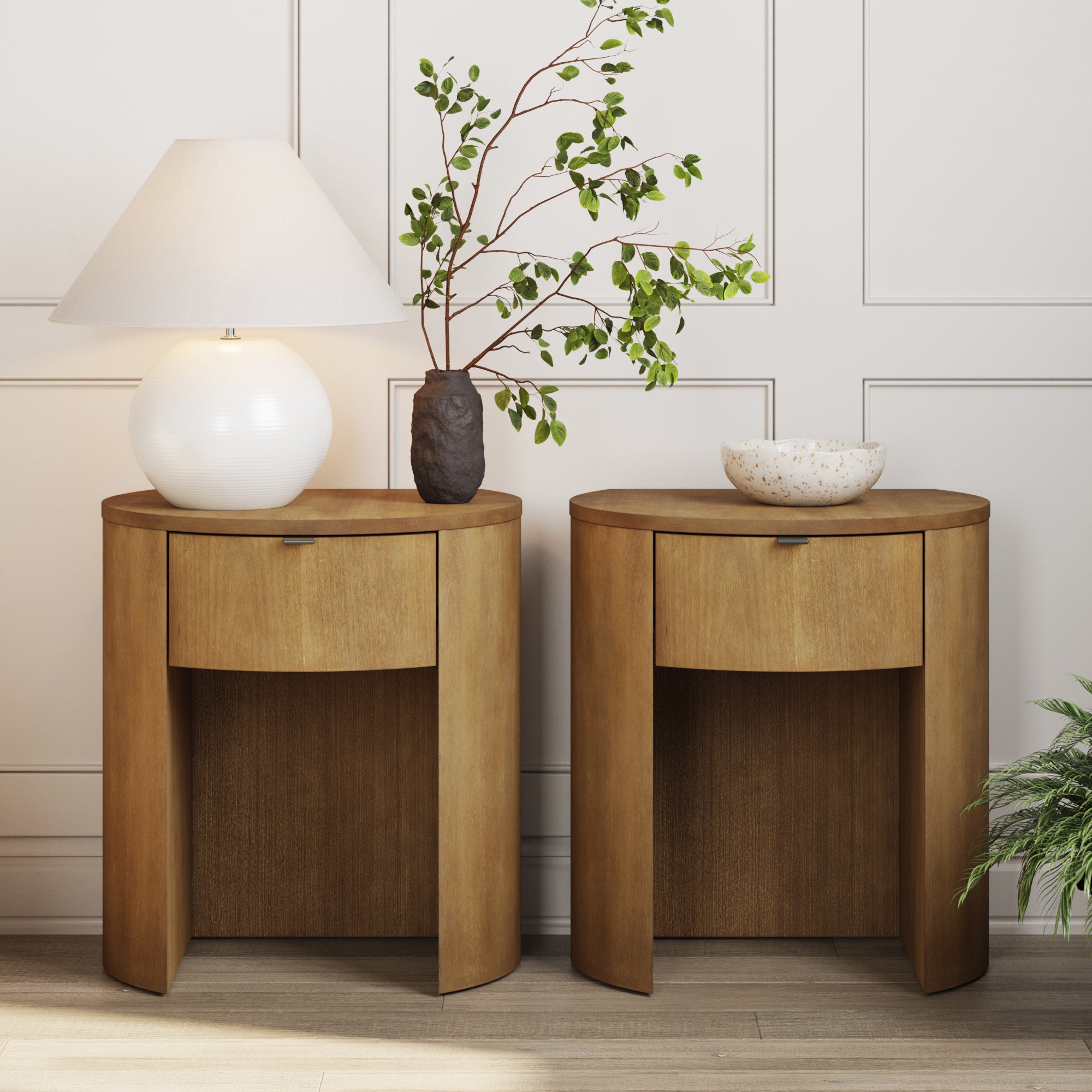 Modern Wood Curved Nightstand with Drawer Light Brown (Set of 2) - Nathan James