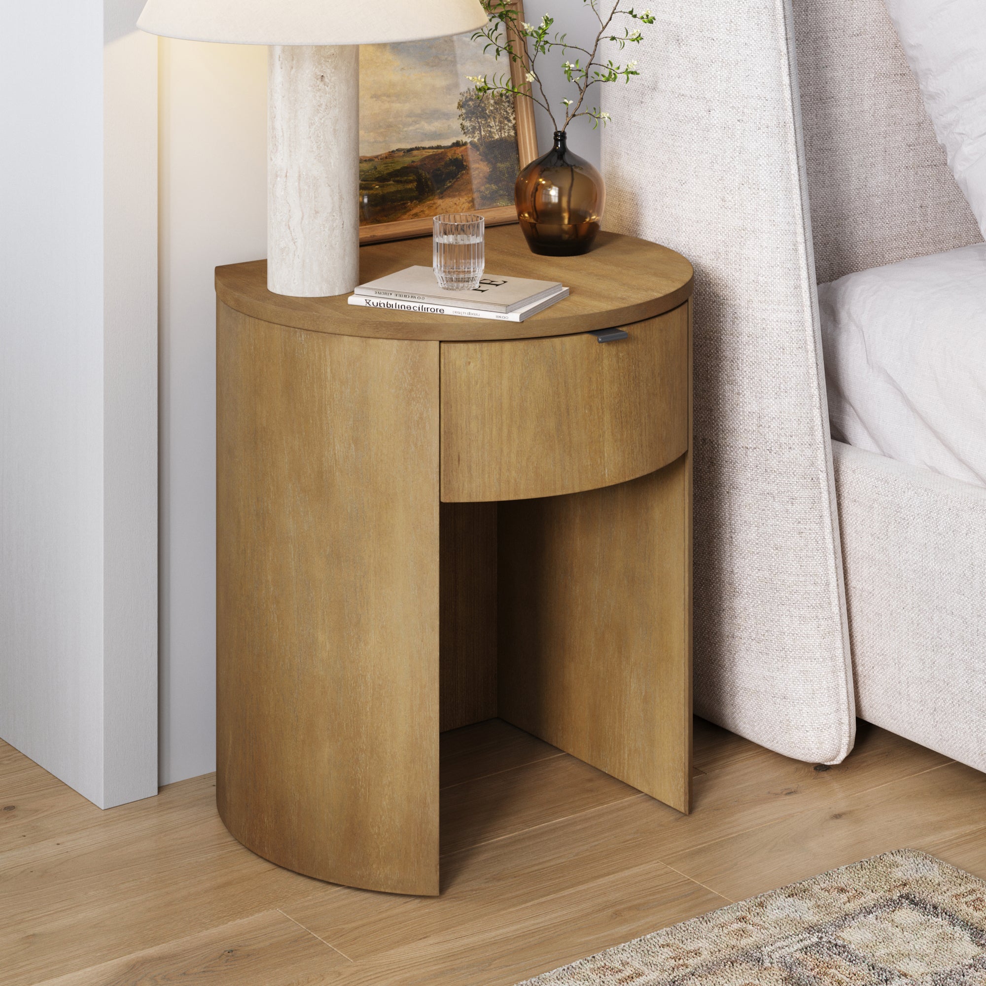 Modern Wood Curved Nightstand with Drawer Light Brown - Nathan James
