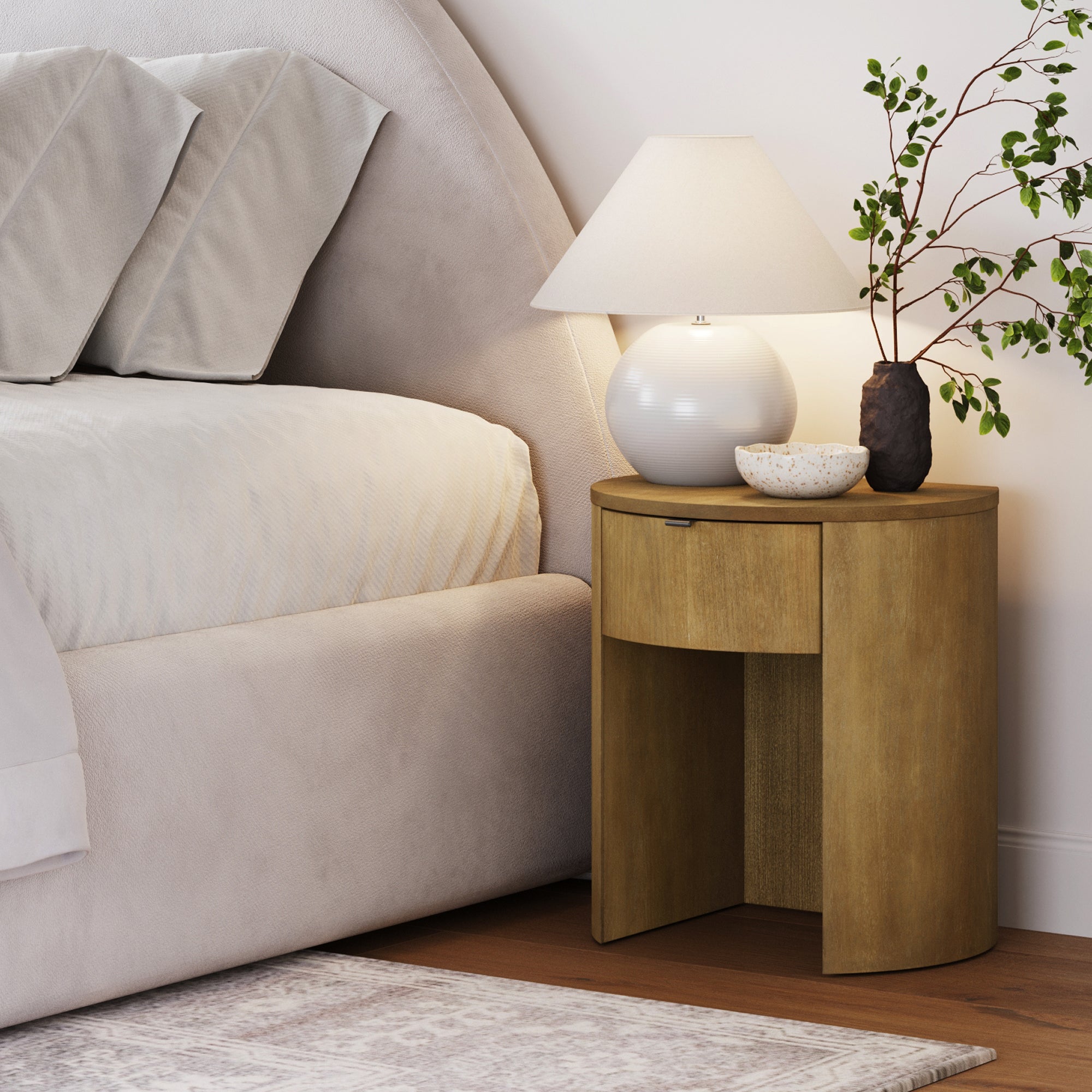 Modern Wood Curved Nightstand with Drawer Light Brown - Nathan James