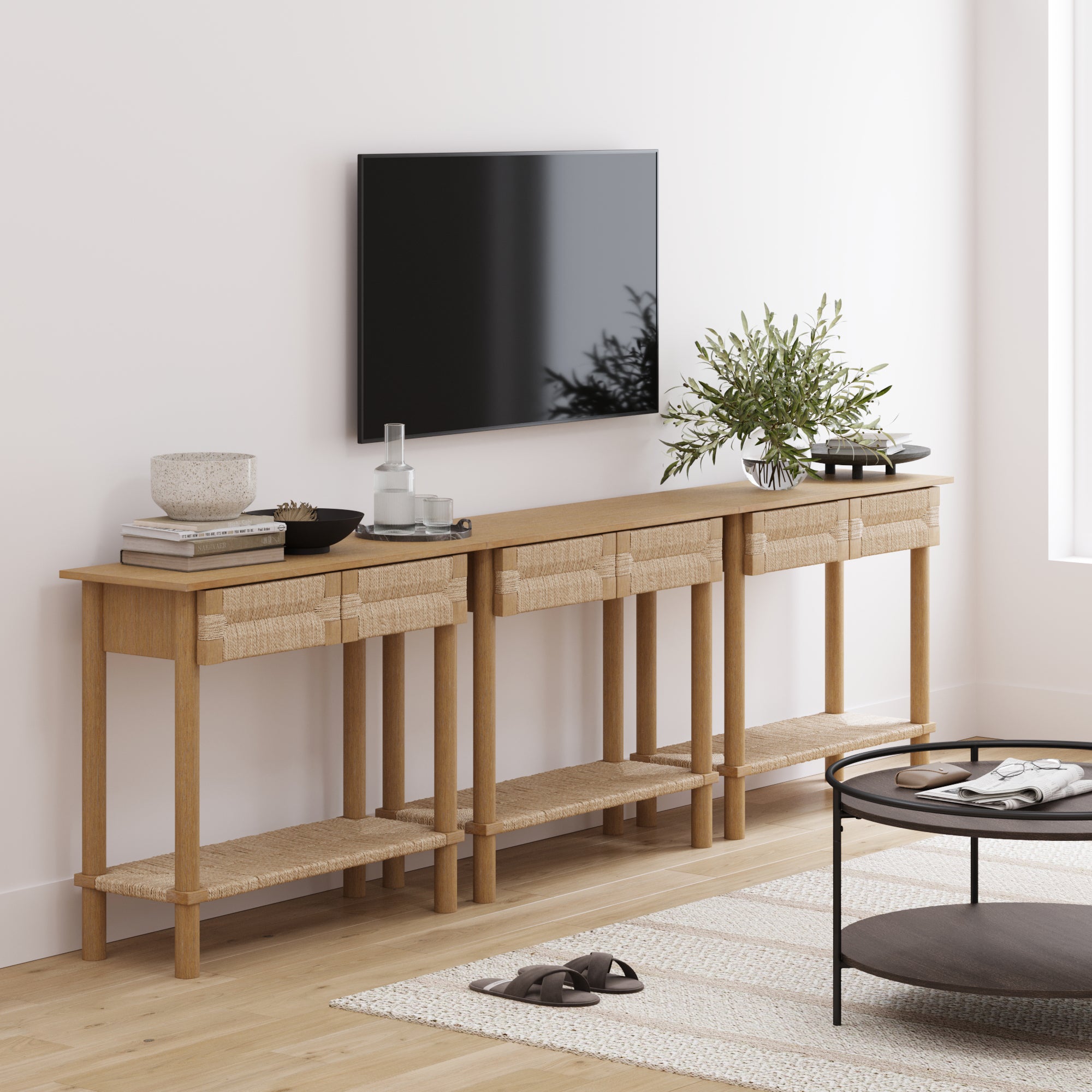 Boho Seagrass Console Tables (Set of 3) - Nathan James