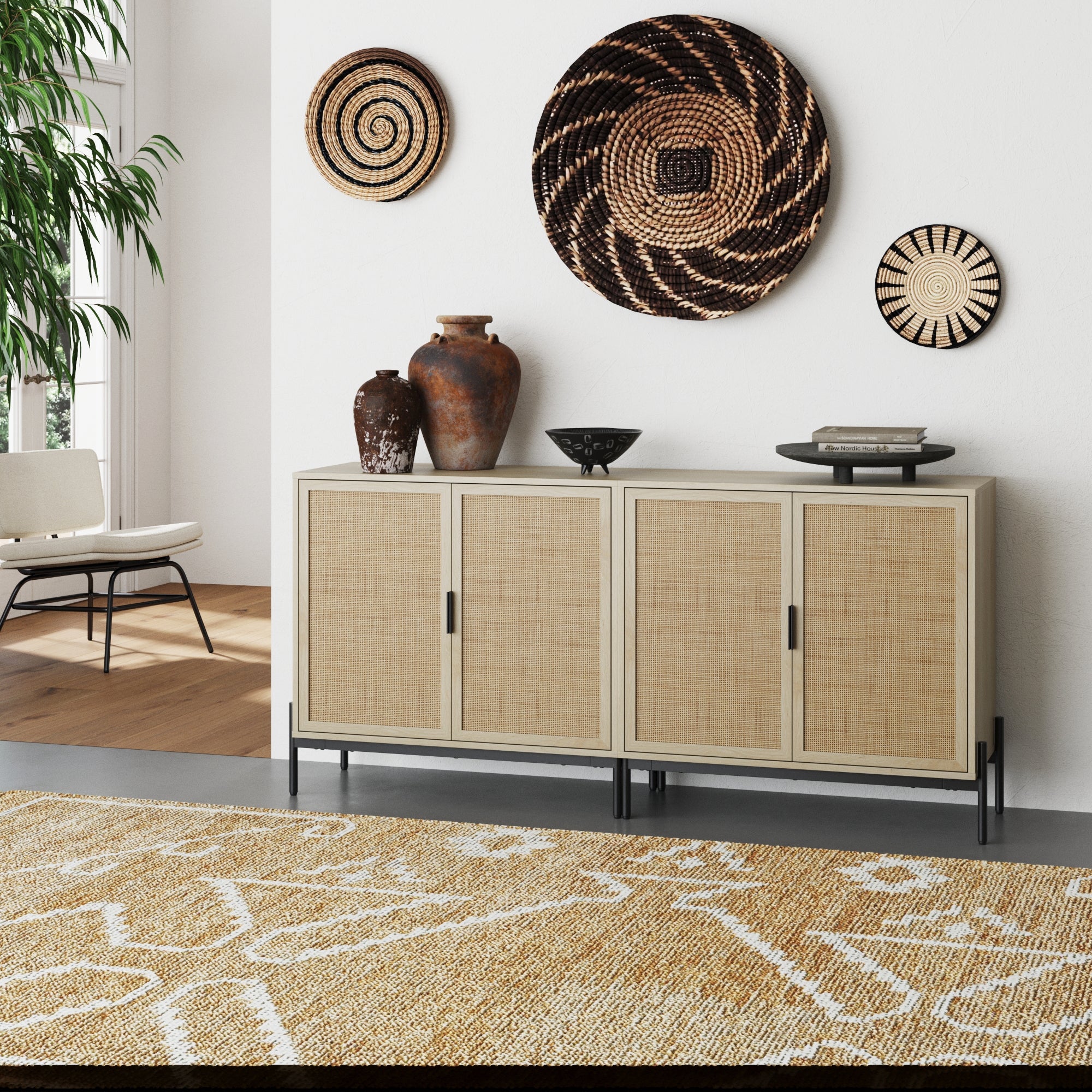 Boho Rattan Credenza Console Table Oak (Set of 2) - Nathan James