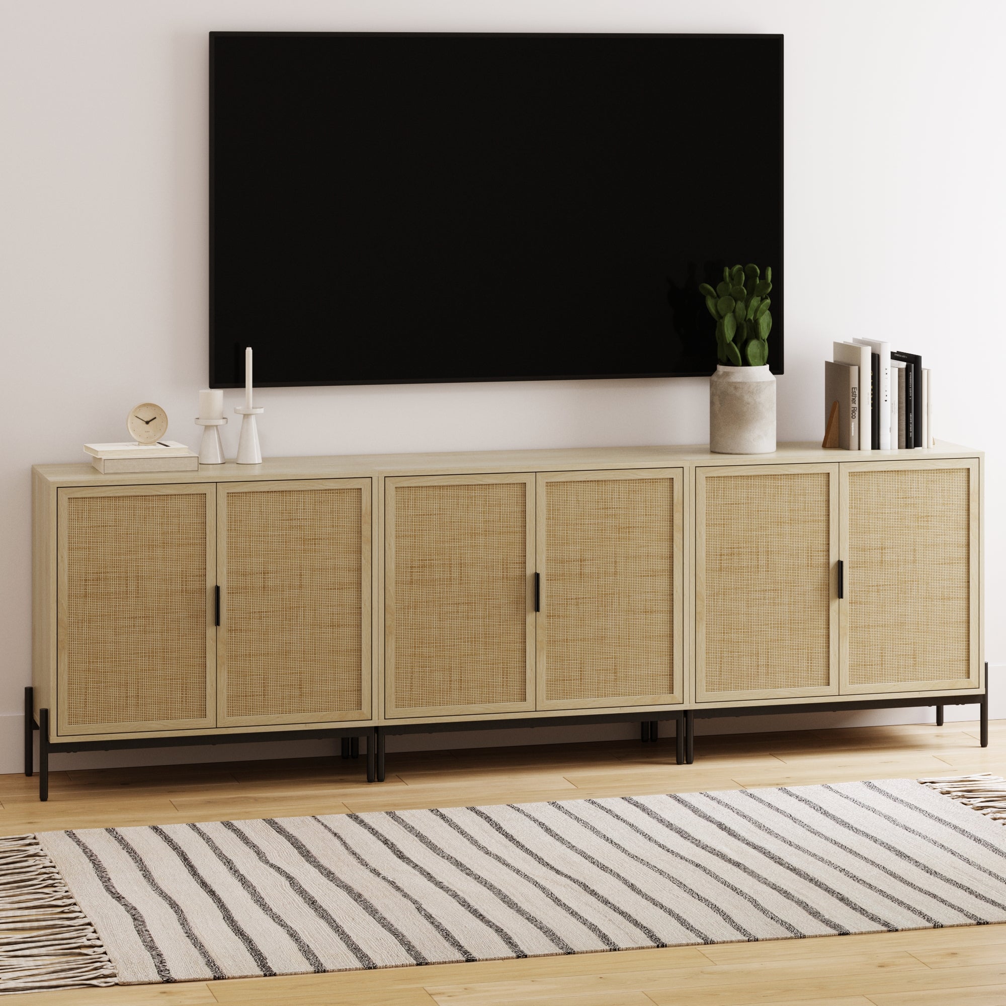 Rattan Storage Cabinet Credenza Oak (Set of 3) - Nathan James