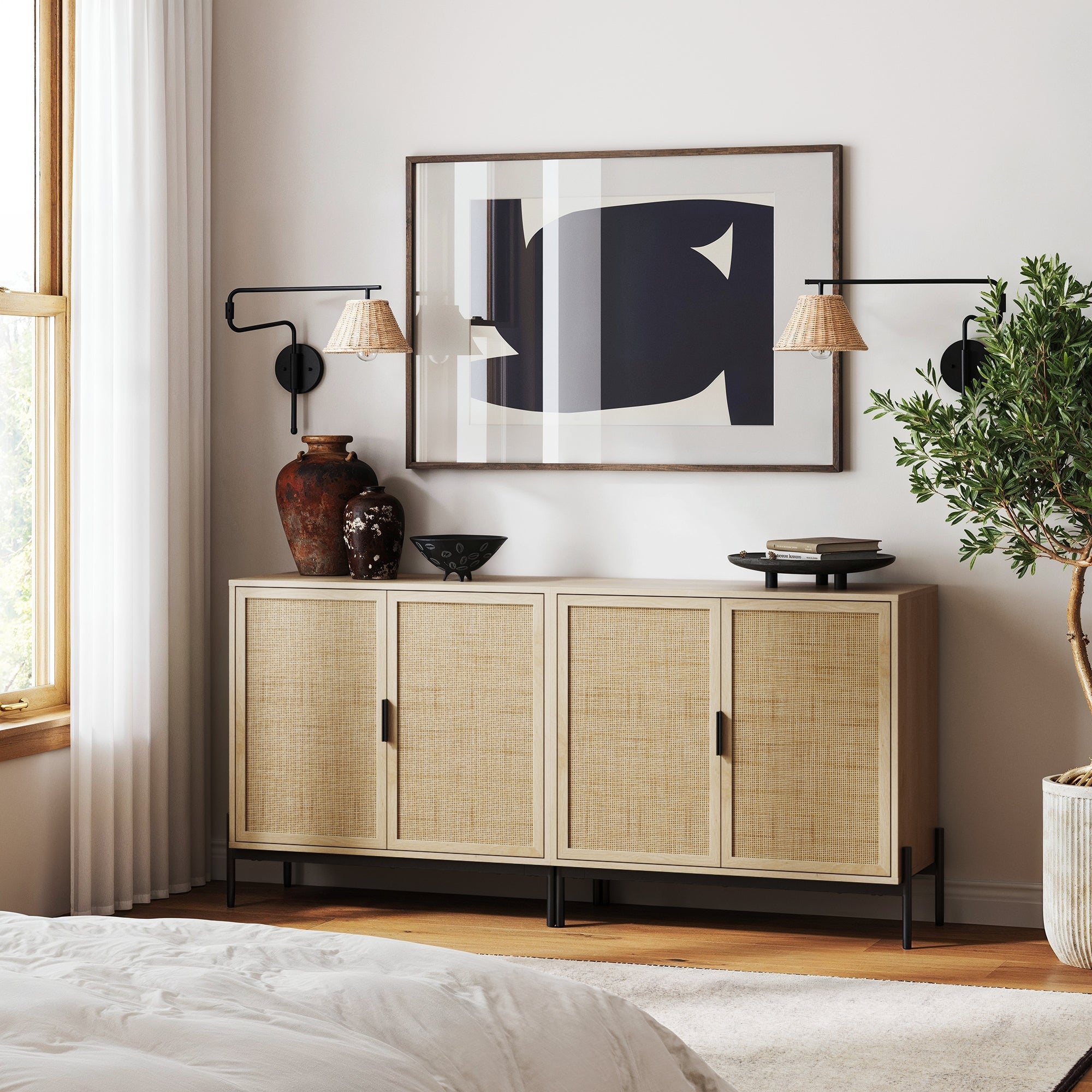 Boho Rattan & Wood Storage Cabinet Light Oak - Nathan James