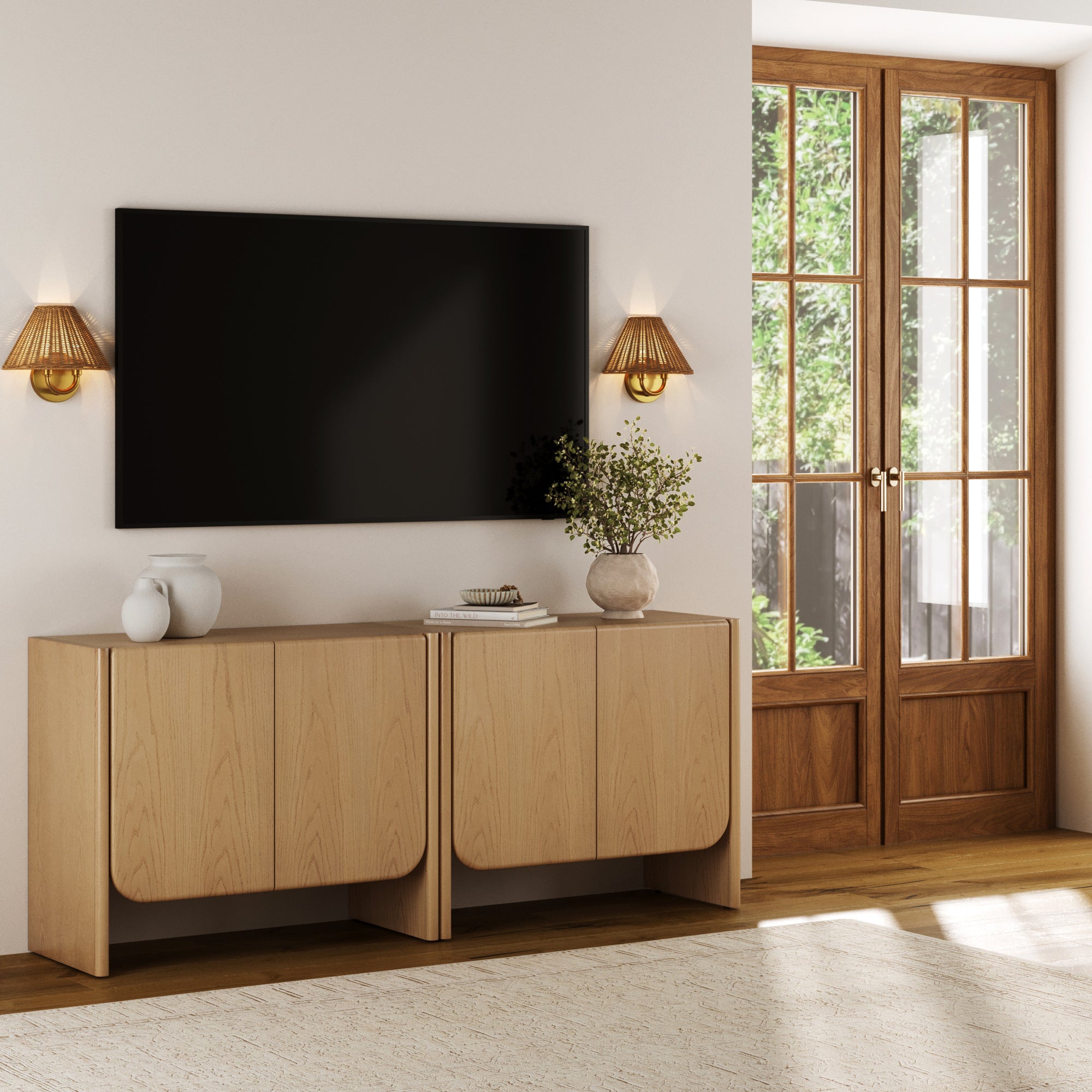 Rounded Wood TV Console Cabinet Raw Oak for TVs 55 - 65" - Nathan James