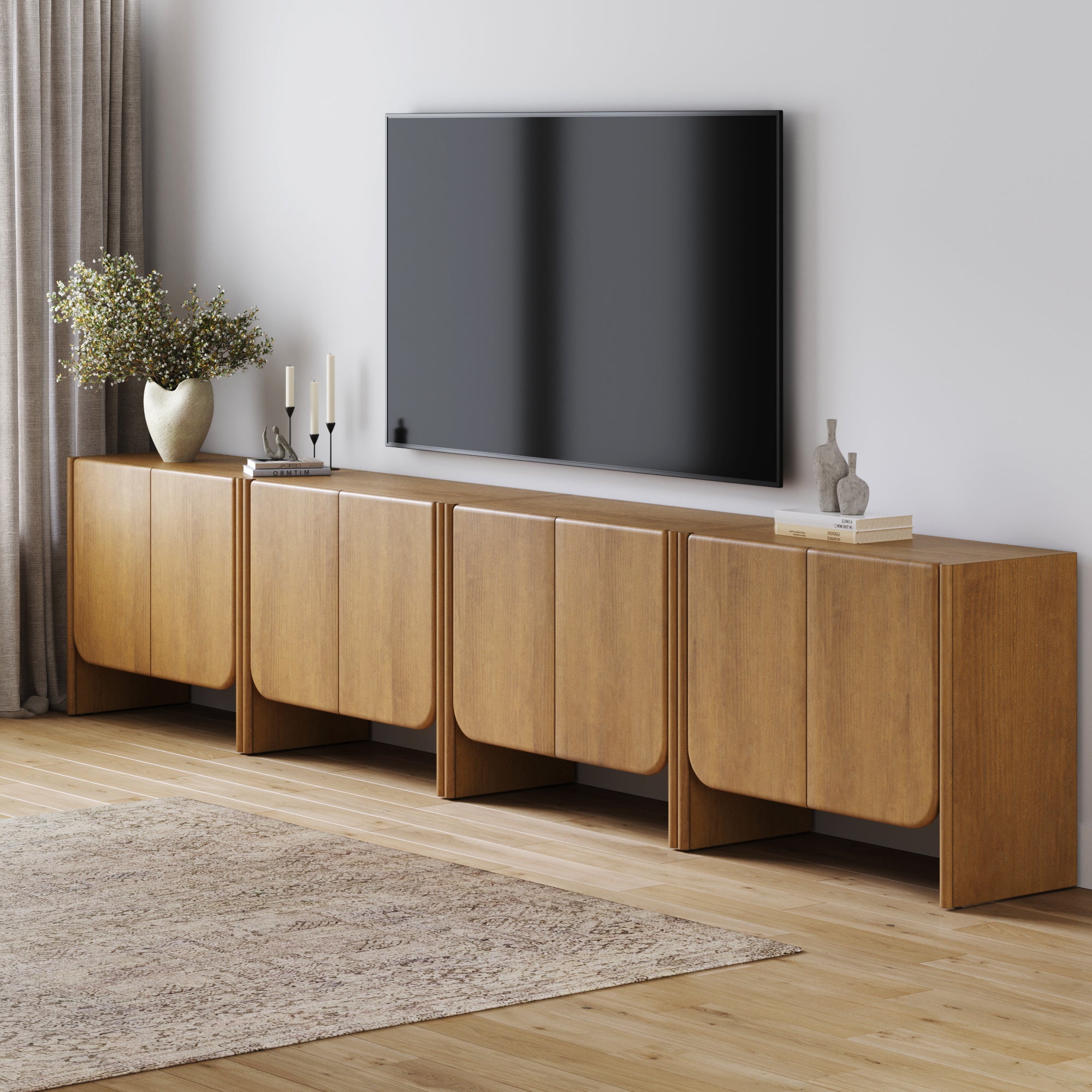 Rounded Wood TV Console Cabinet Light Brown for TVs 85" - Nathan James