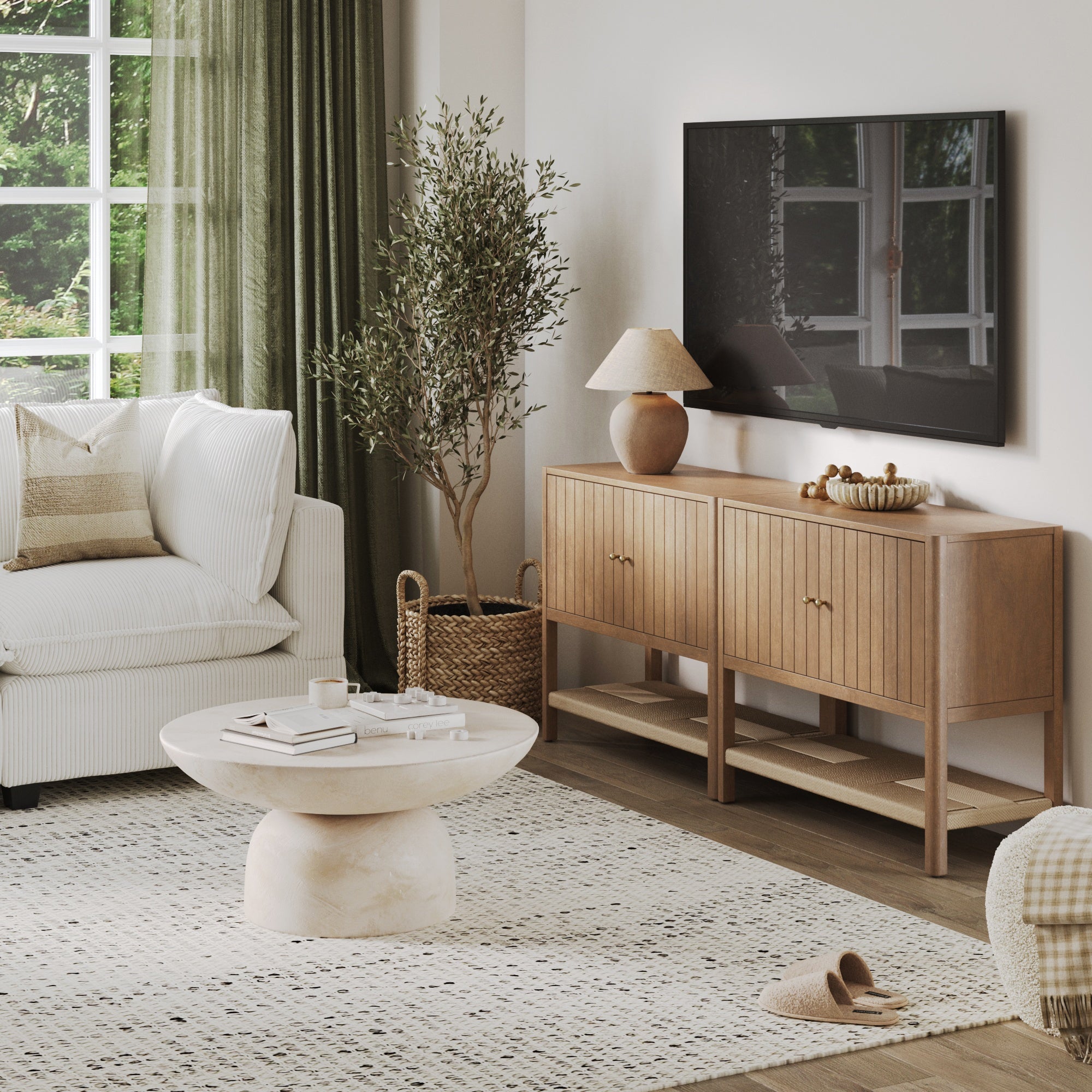 Wood TV Console with Open Seagrass Shelf for 55 - 65" TVs Light Brown - Nathan James