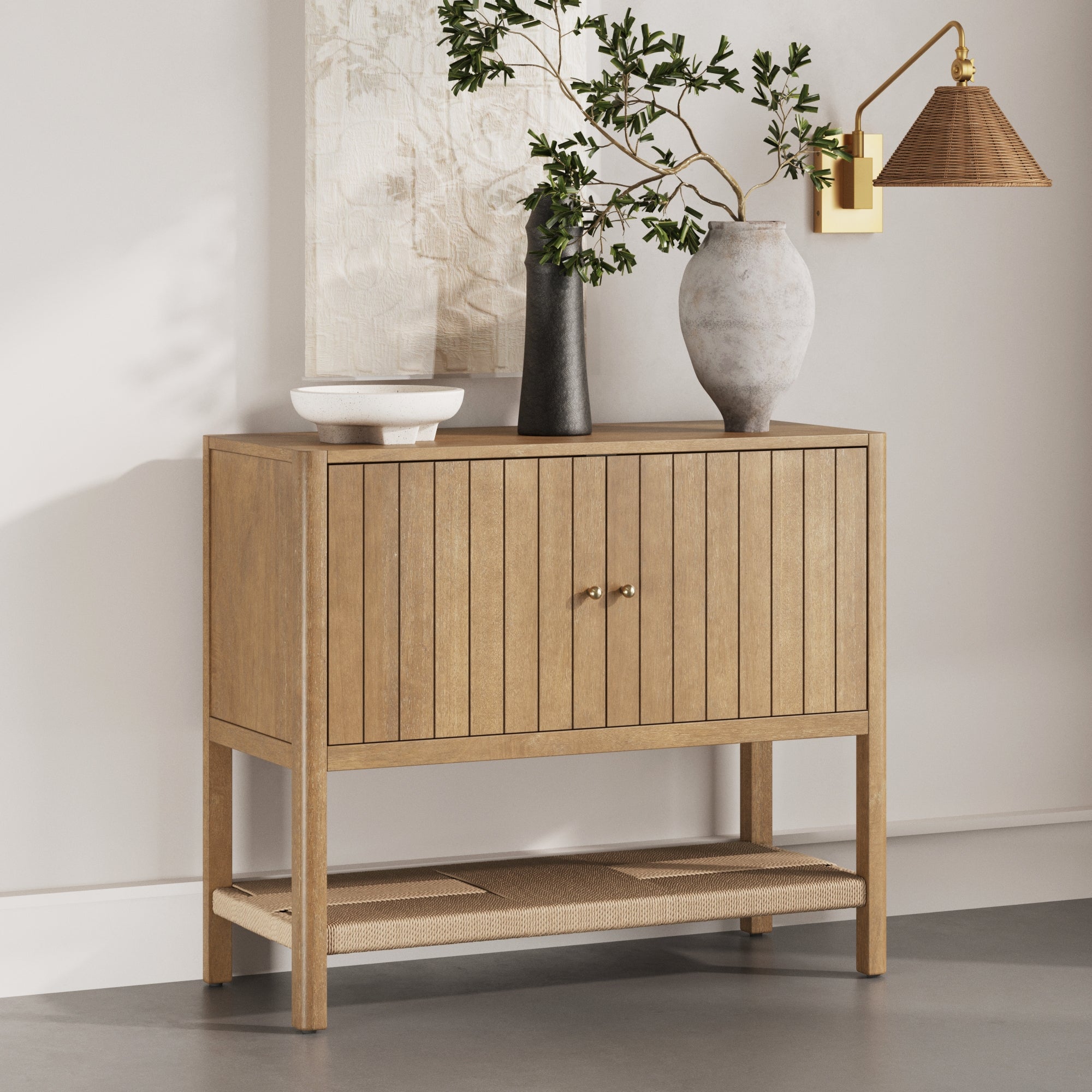 Mid - Century Grooved Door Storage Cabinet Light Brown - Nathan James
