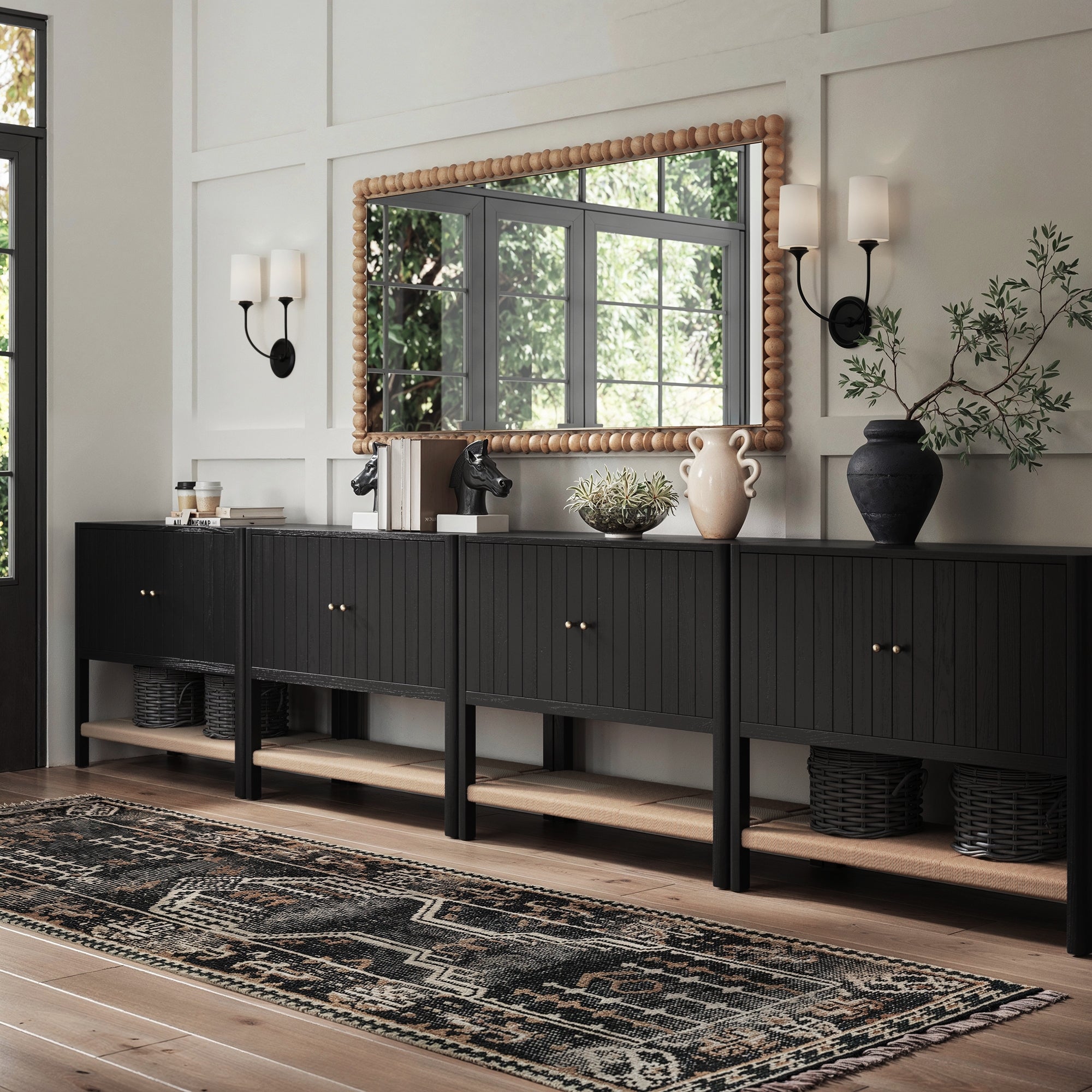 Wood TV Console with Open Seagrass Shelf for 85" TVs Black Oak - Nathan James